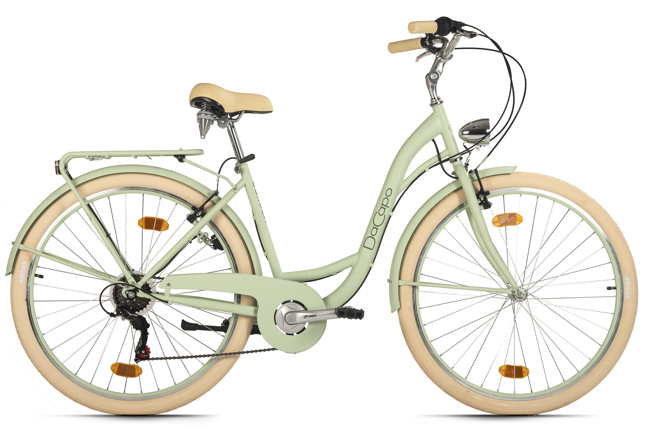 Minzgrünes Citybike auf Weiß. Beige Reifen, Sattel und Griffe. Silberne Details und Gepäckträger.