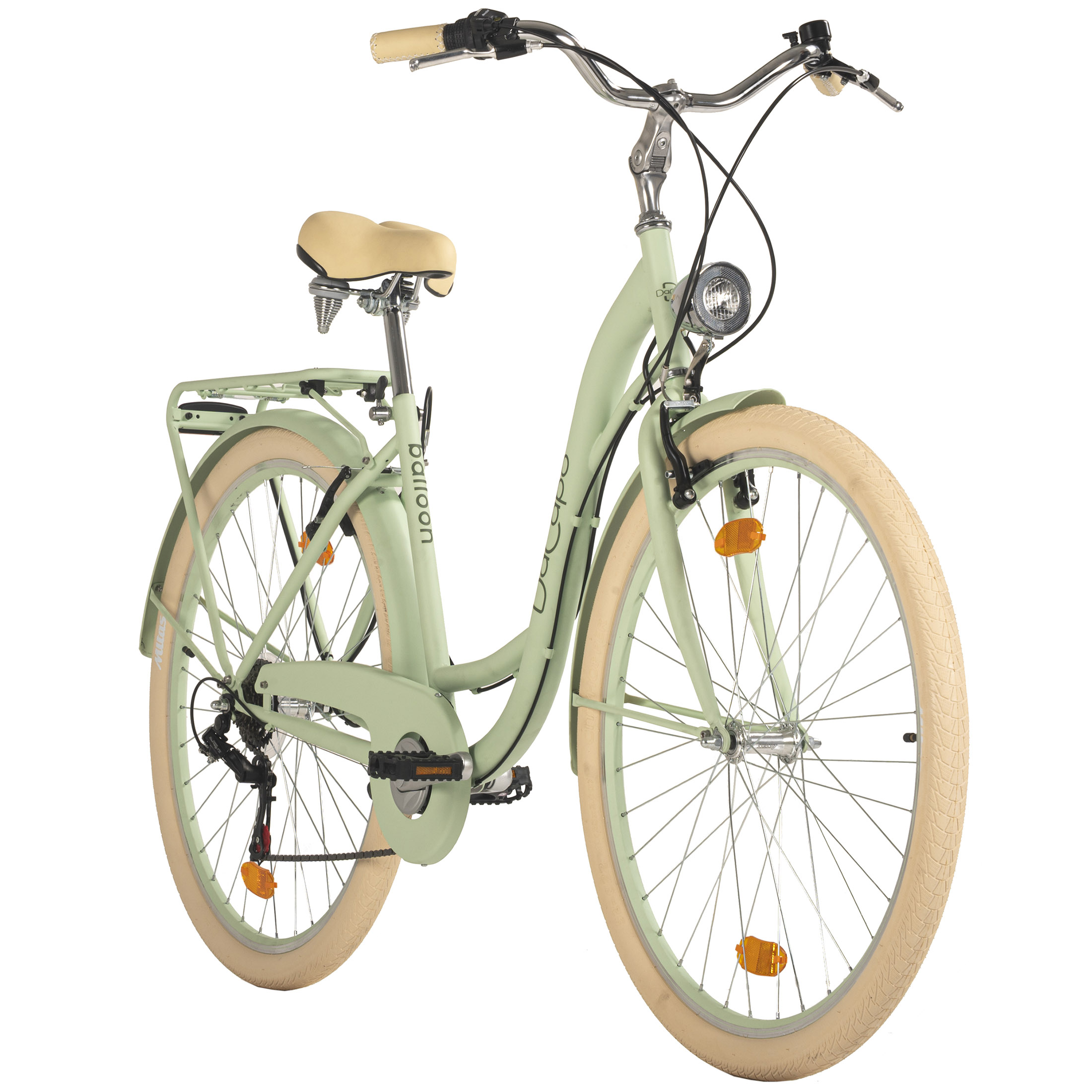 Minzgrünes Citybike auf Weiß. Beige Reifen, Sattel und Griffe. Silberne Details und Gepäckträger.