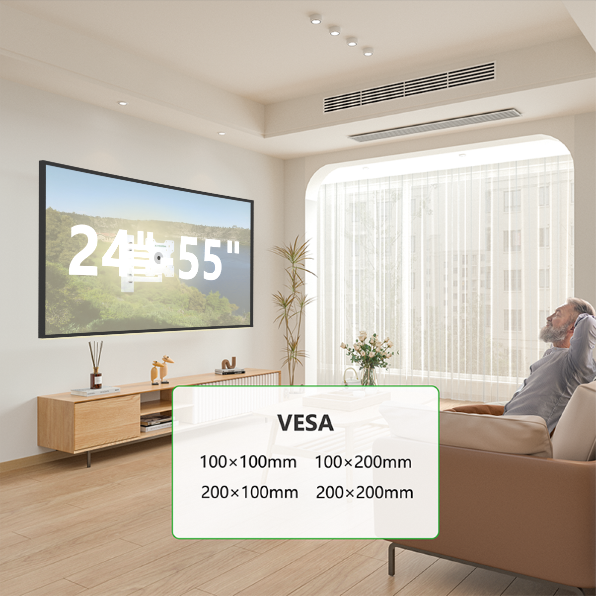 Ein an der Wand montierter Fernseher.  Ein VESA-Kompatibilitätsleitfaden wird unter dem Fernseher angezeigt.