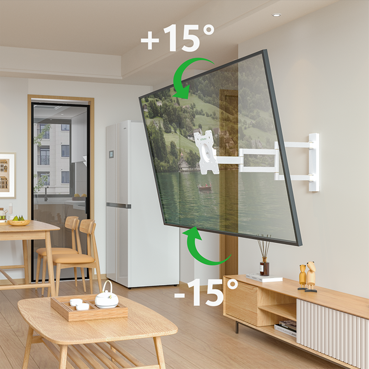 Innenraum mit einem an der Wand montierten Fernseher, der eine Drehung von +15 und -15 Grad zeigt. Darunter ein Holzschrank.