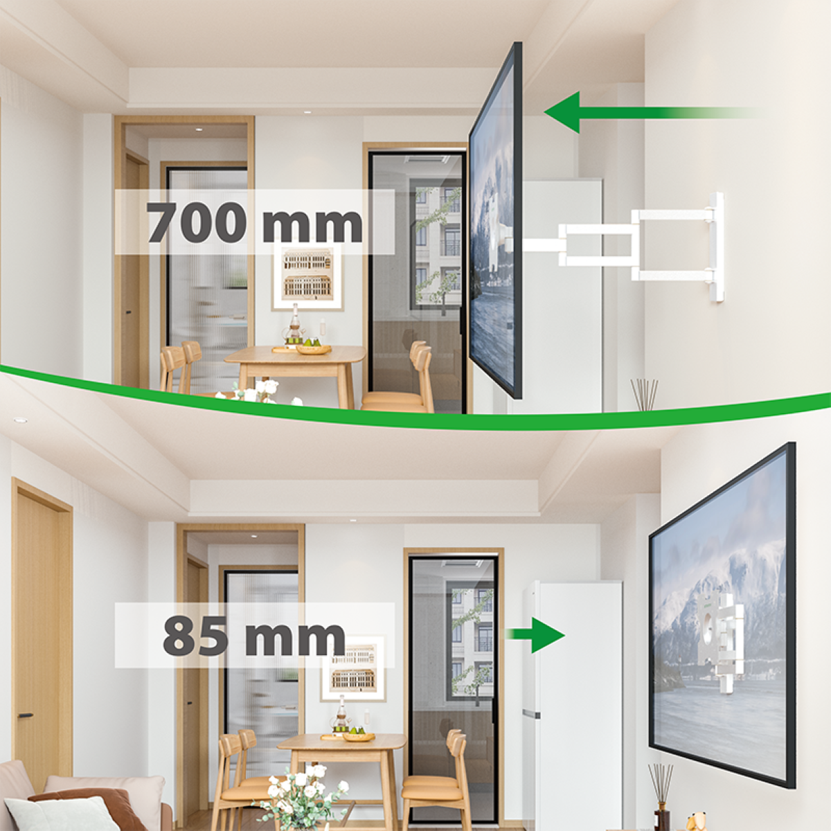 Zwei Bilder, die den Abstand des Fernsehers zur Wand zeigen. Oben: 700 mm. Unten: 85 mm. Innenraum mit Holzmöbeln.