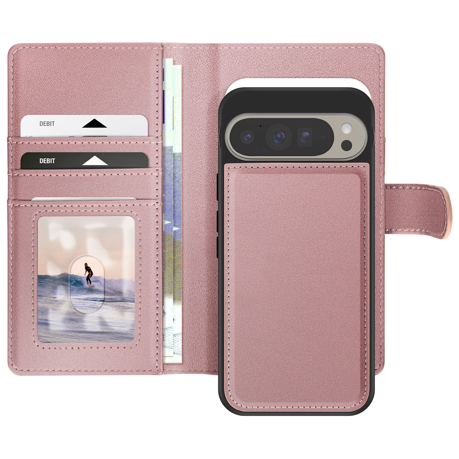 Portafoglio rosa per telefono con telefono, carte e denaro. Mostra un'immagine di surfista.