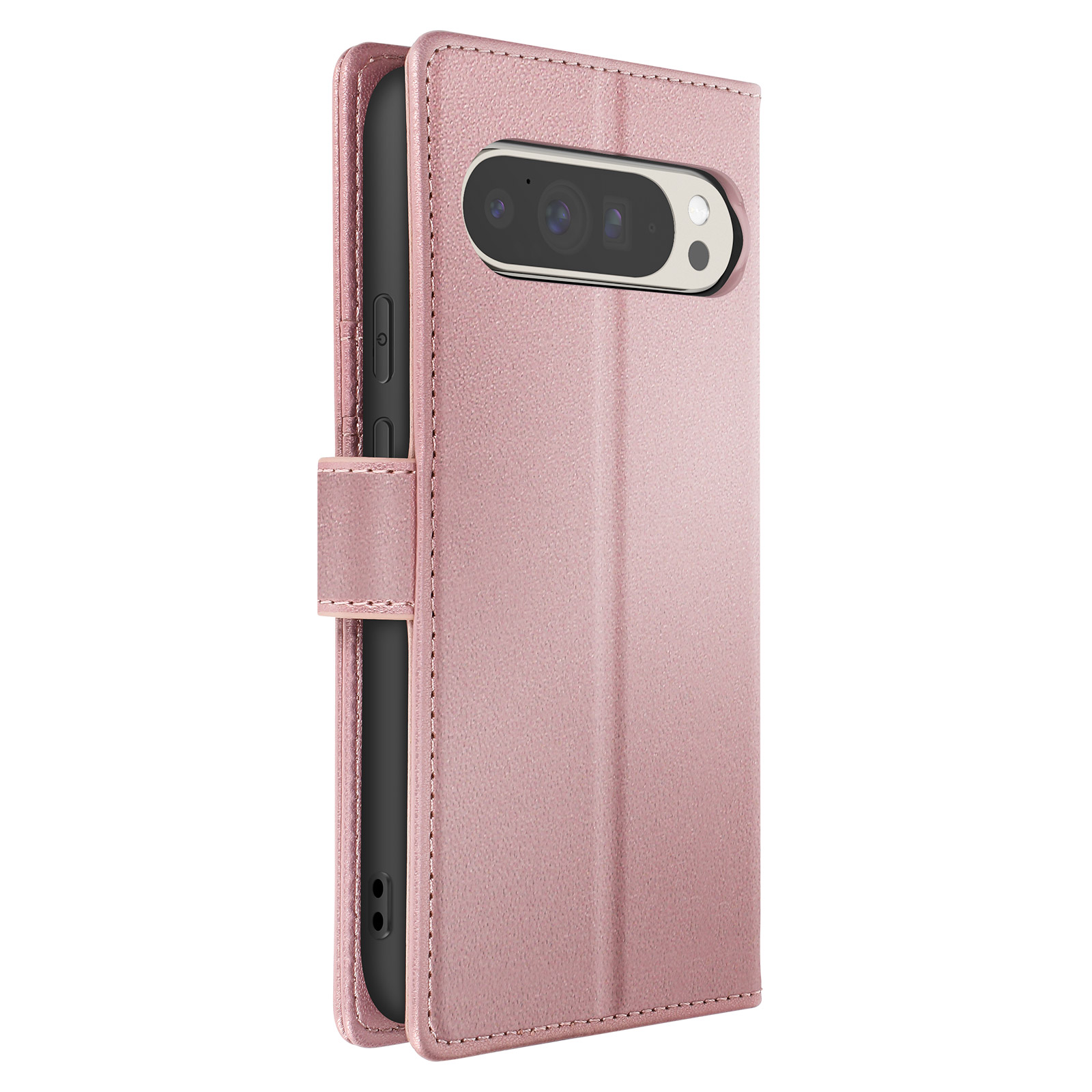 Custodia a portafoglio rosa per telefono, chiusa. Mostra l'array di fotocamere sul retro. Pelle rosa strutturata.