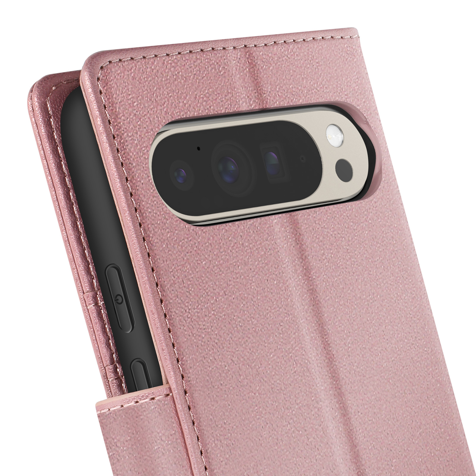 Custodia rosa per telefono con telefono, fotocamera e pulsanti visibili.