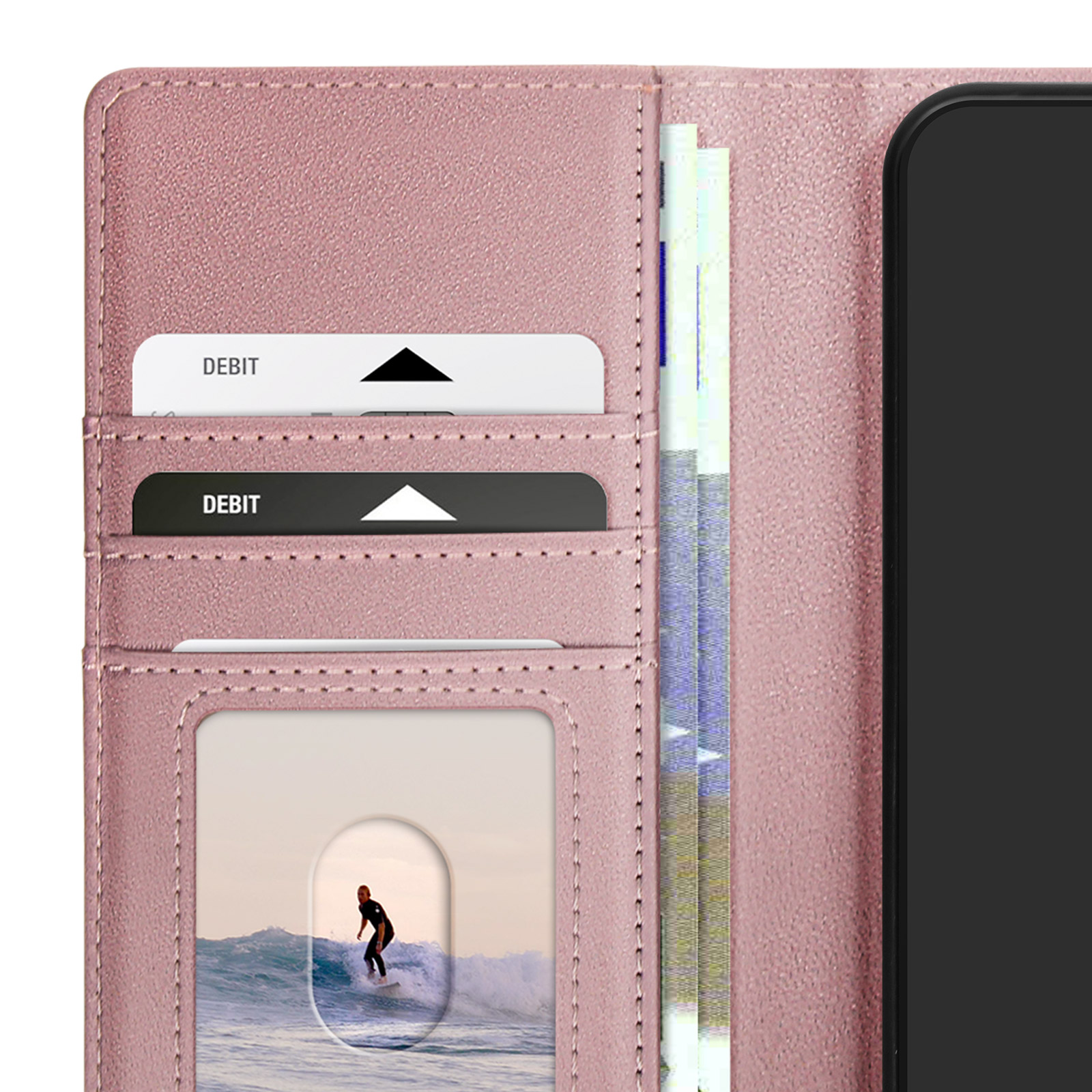 Custodia a portafoglio rosa con fessure per carte, denaro e una foto di un surfista.