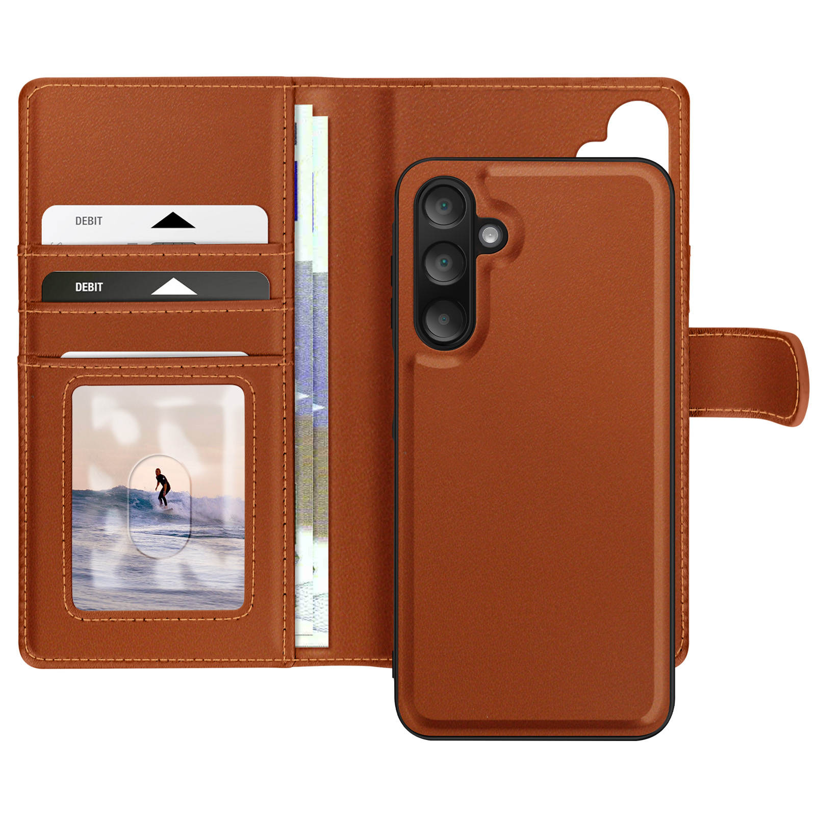 Portefeuille en cuir marron pour téléphone, ouvert pour révéler des emplacements pour cartes, de l'argent et une photo d'un surfeur.