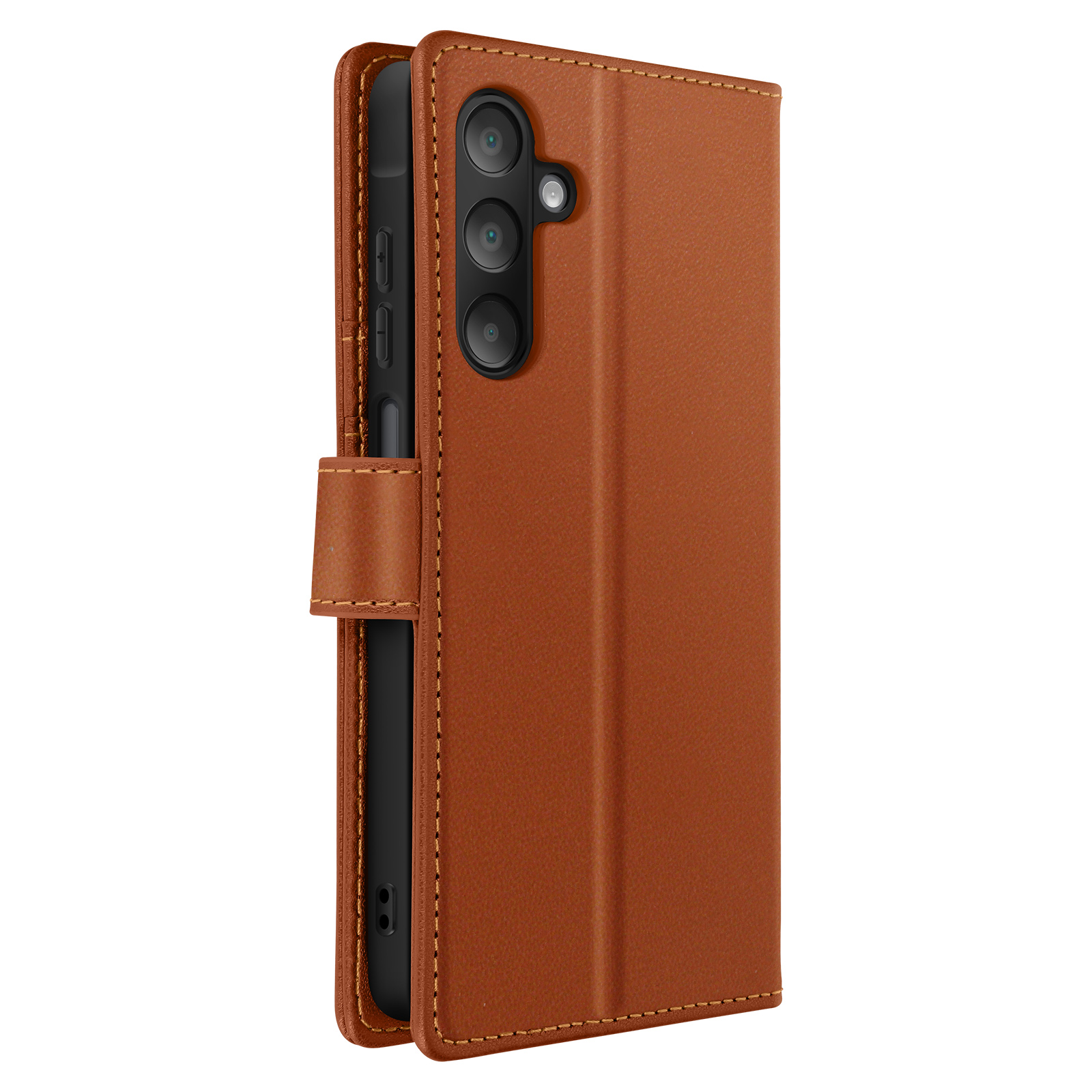 Un étui de téléphone en cuir marron avec un téléphone à l'intérieur, sur fond blanc.