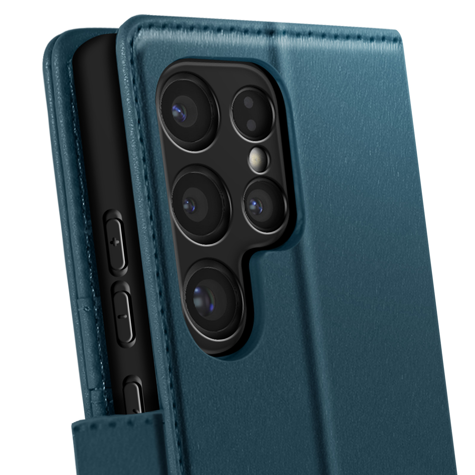 Una custodia per telefono blu con un telefono all'interno. Il telefono ha più fotocamere.