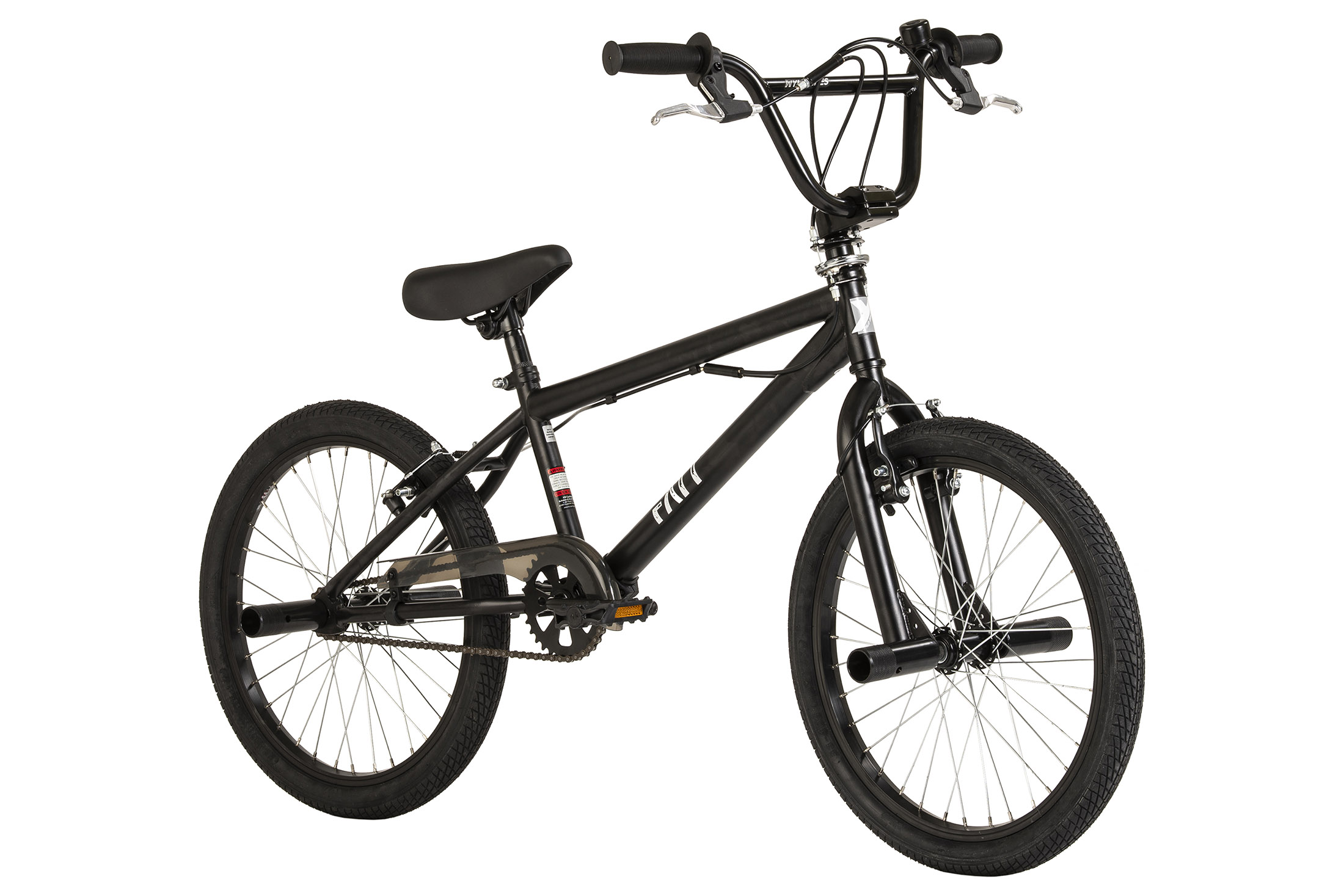 Schwarzes BMX-Fahrrad vor weißem Hintergrund. Es hat schwarze Reifen und Griffe.