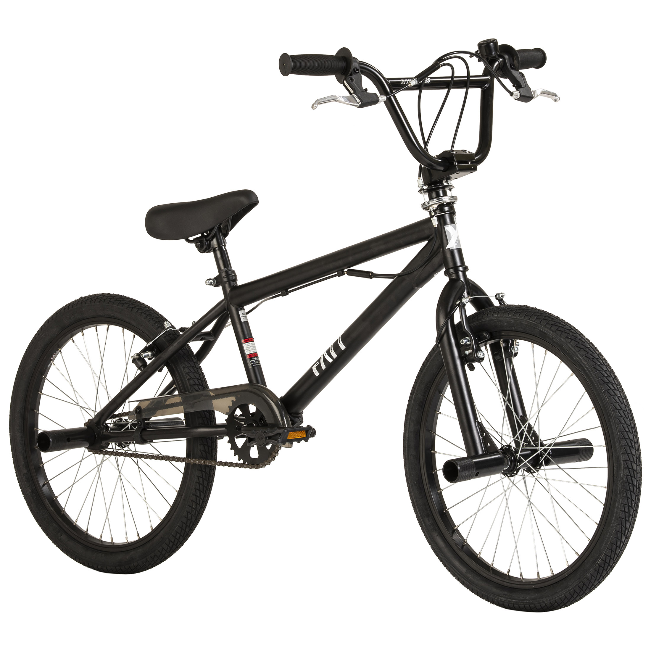 Schwarzes BMX-Fahrrad vor weißem Hintergrund. Es hat schwarze Reifen und Griffe.