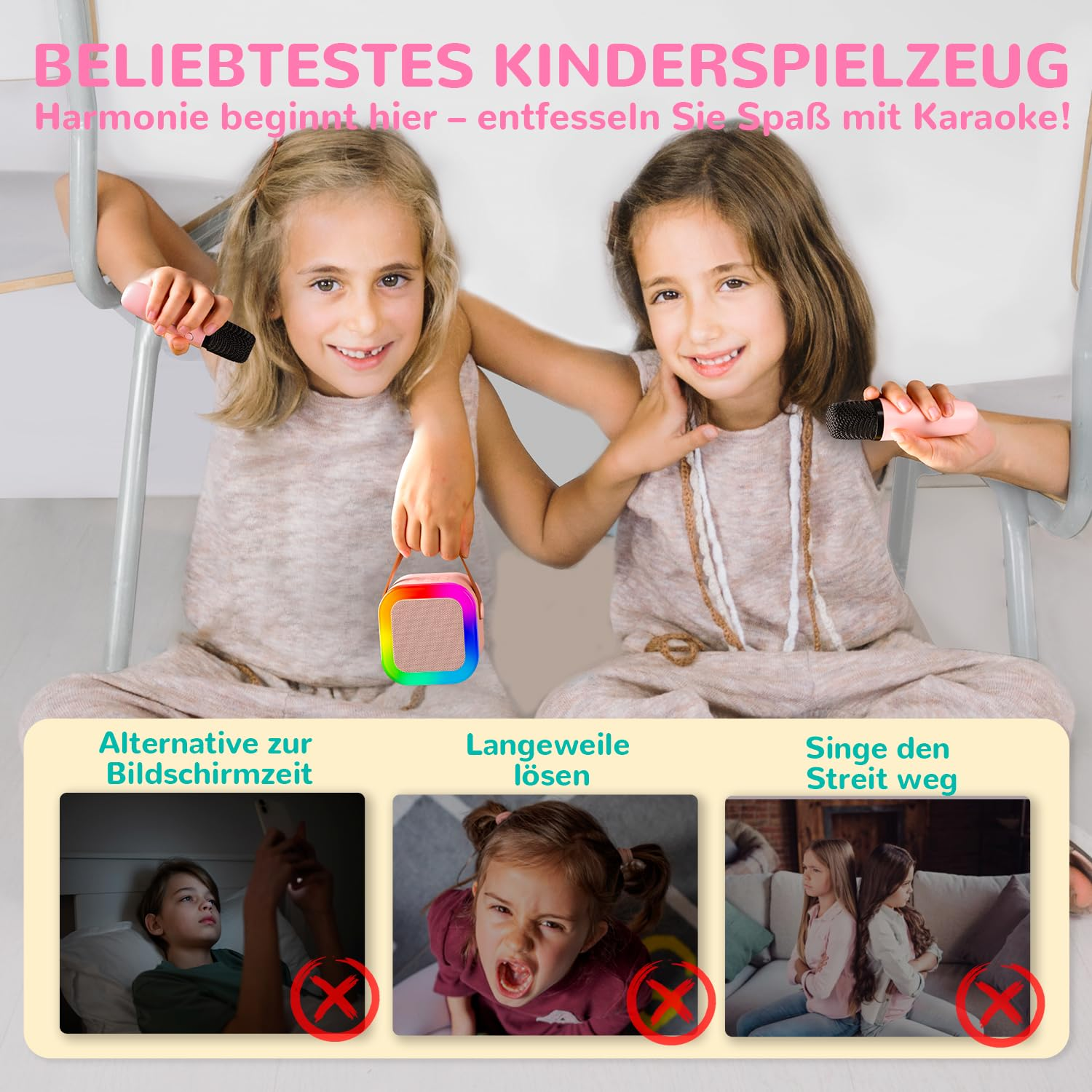 Zwei lächelnde Mädchen mit einer Karaoke-Maschine und Mikrofonen und Text darunter.