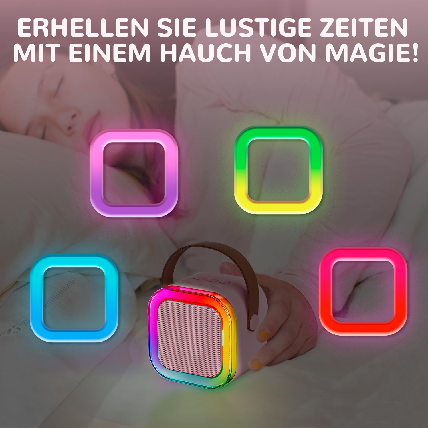 Schlafende Frau mit bunten Lichtern um Quadrate und einem Lautsprecher.