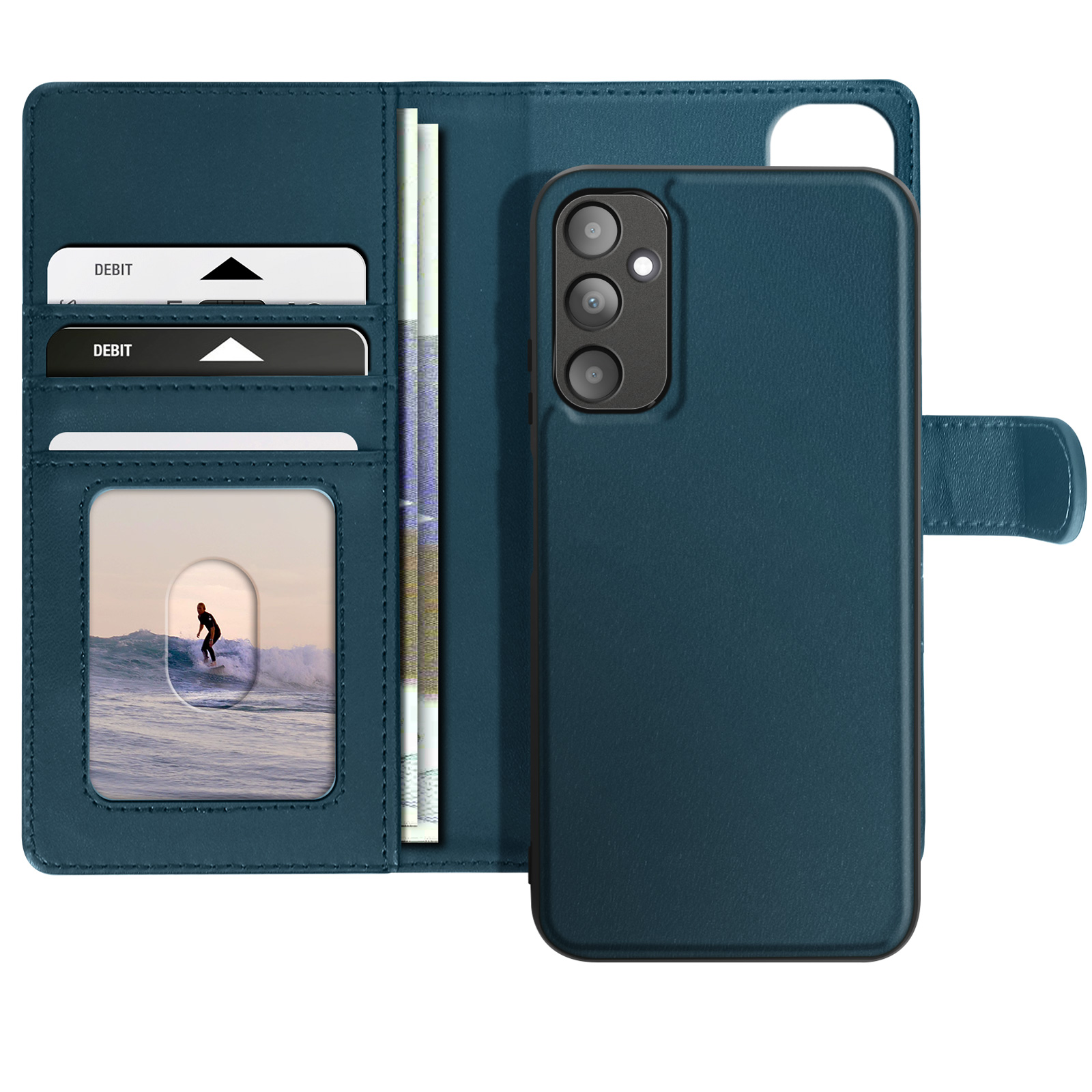 Custodia per telefono blu scuro, aperta e chiusa. Mostra fessure per carte e immagine di un surfista.