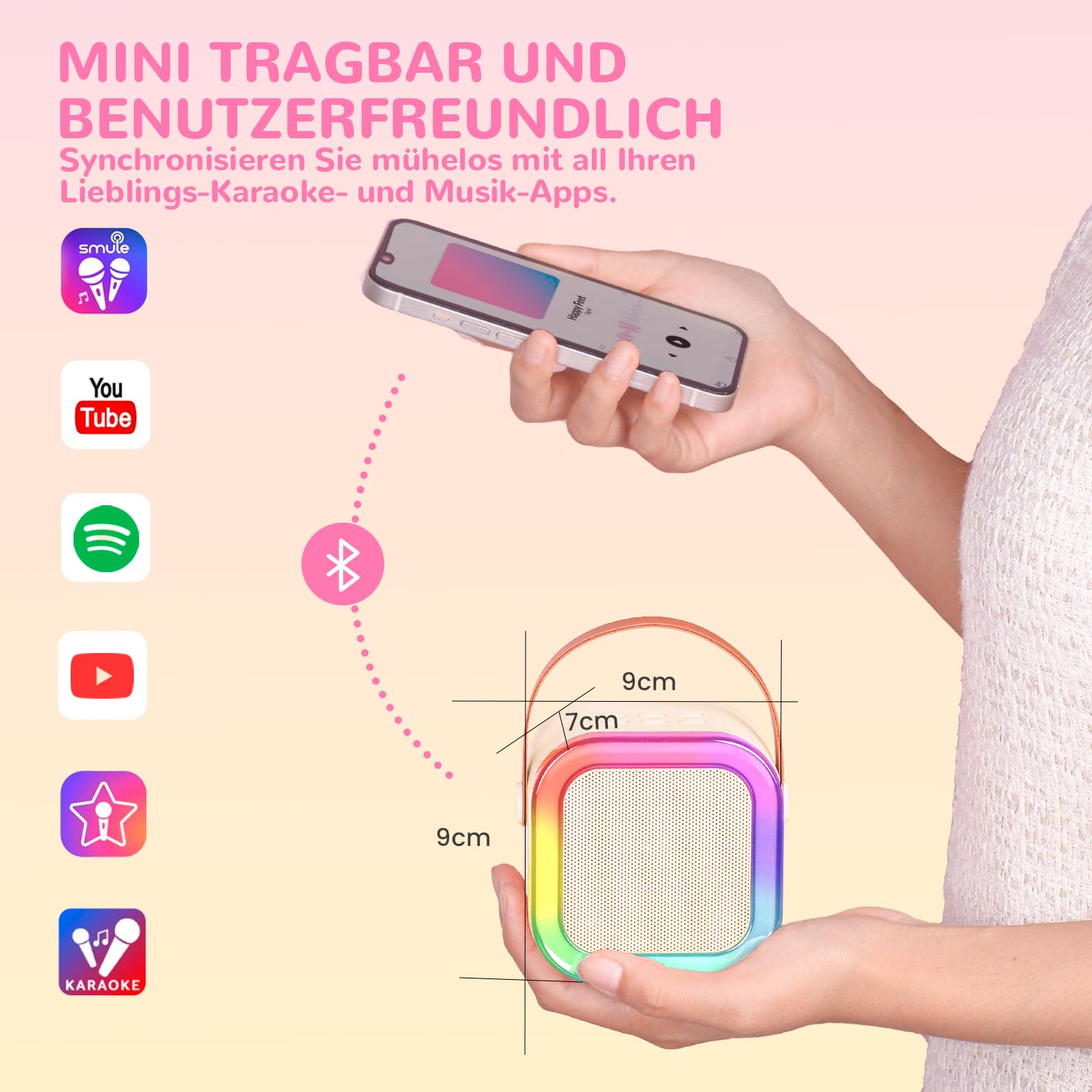 Mini-Karaoke-Lautsprecher mit Telefon. Zeigt Verbindung mit Apps und Abmessungen.