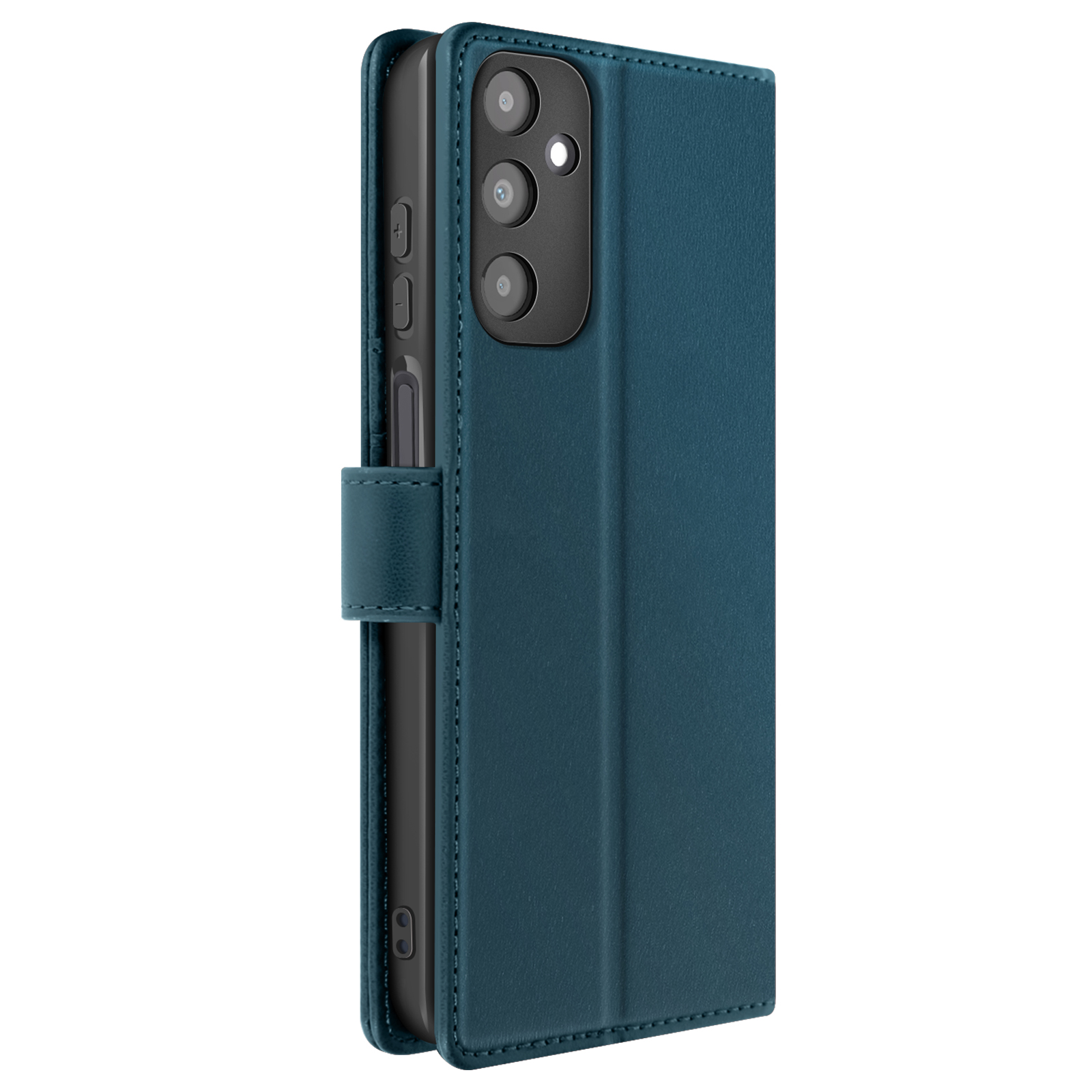 Custodia per telefono blu scuro, aperta e chiusa. Mostra fessure per carte e immagine di un surfista.