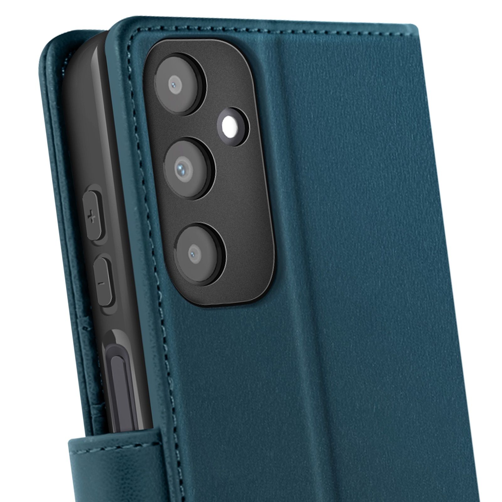 Primo piano di una custodia per telefono verde acqua aperta, con lenti della fotocamera visibili.