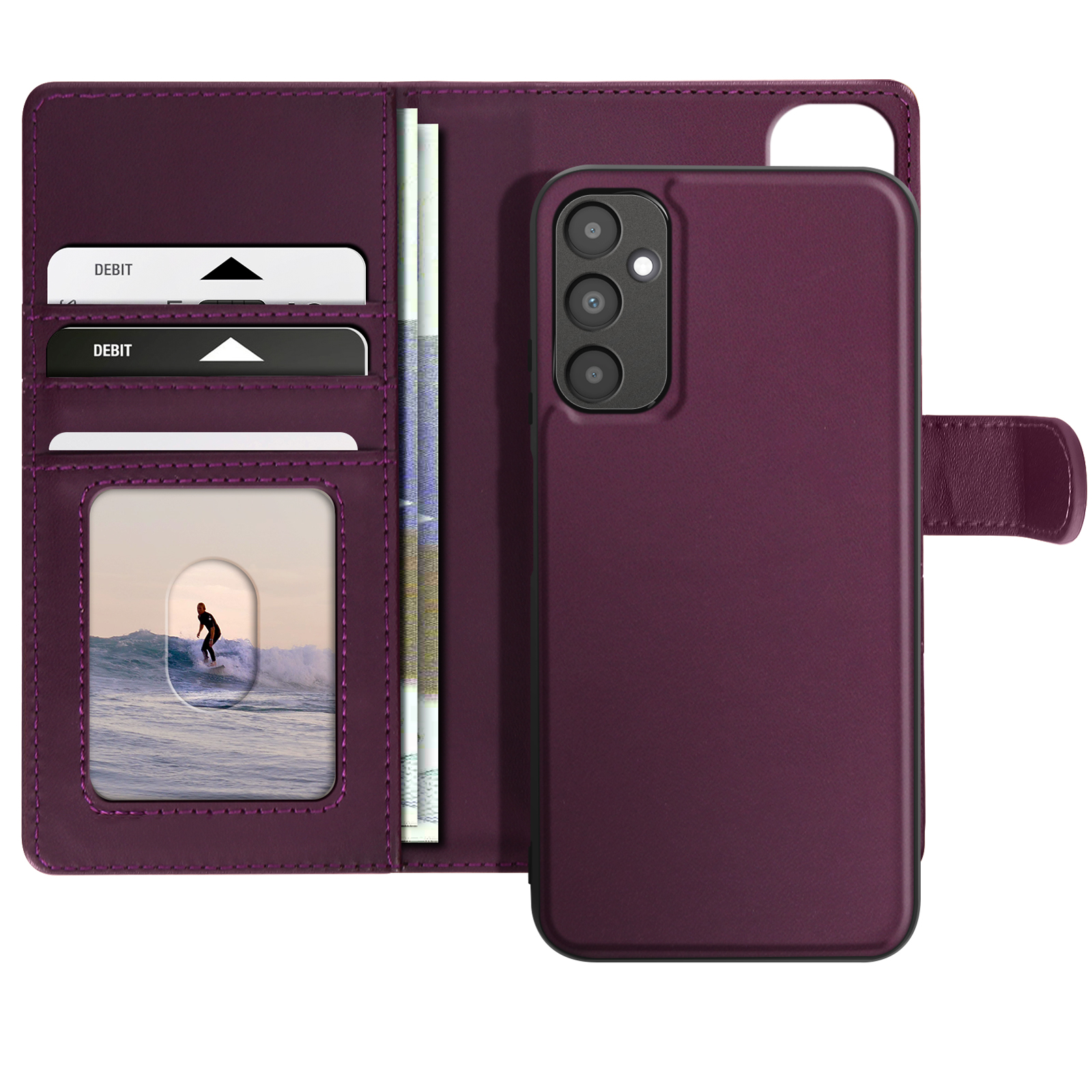 Custodia per telefono viola con carte e denaro.