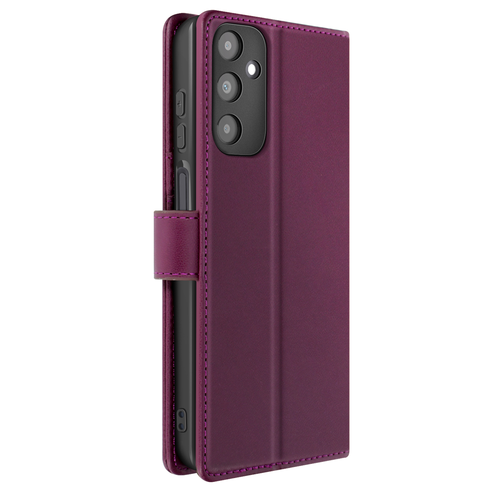 Custodia per telefono viola aperta. Visibile un telefono con fotocamera.