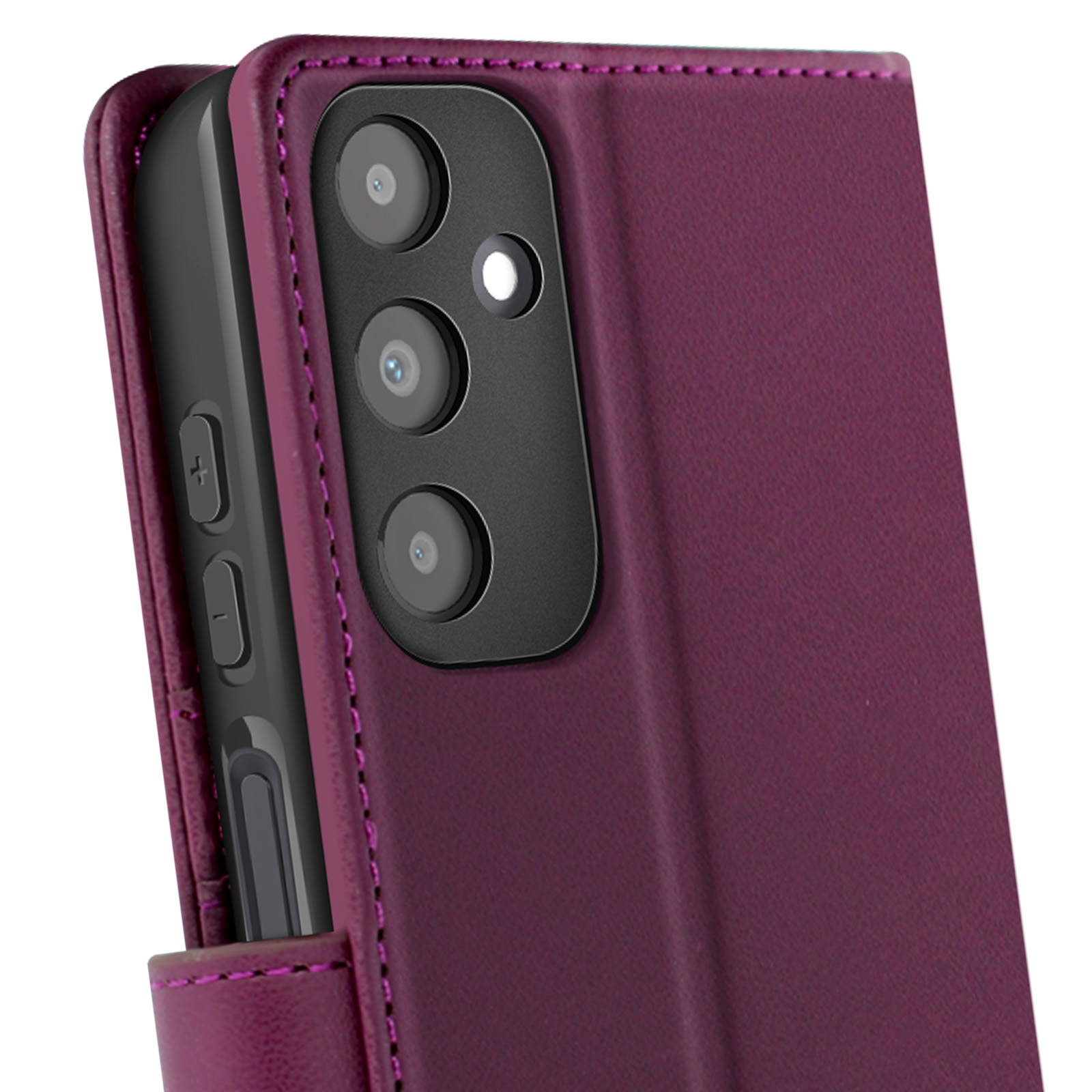 Custodia viola con telefono nero all'interno, che mostra le lenti.