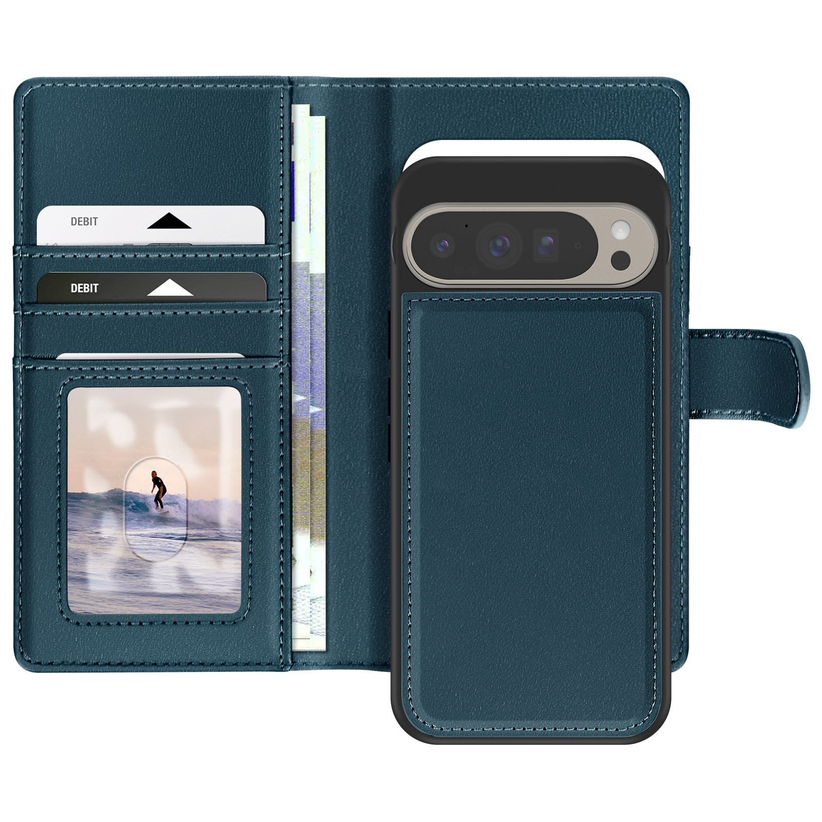 Una custodia per telefono blu con carte di credito, denaro e una foto di un surfista.