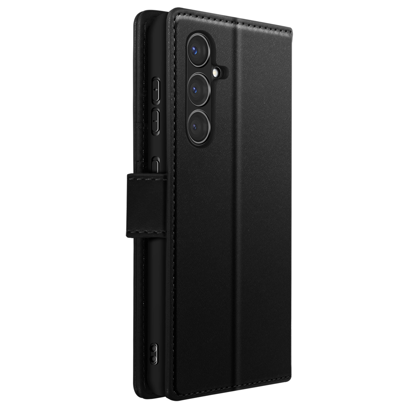 Custodia per telefono nera con lenti della fotocamera, chiusa, che mostra il lato del telefono e la patta.
