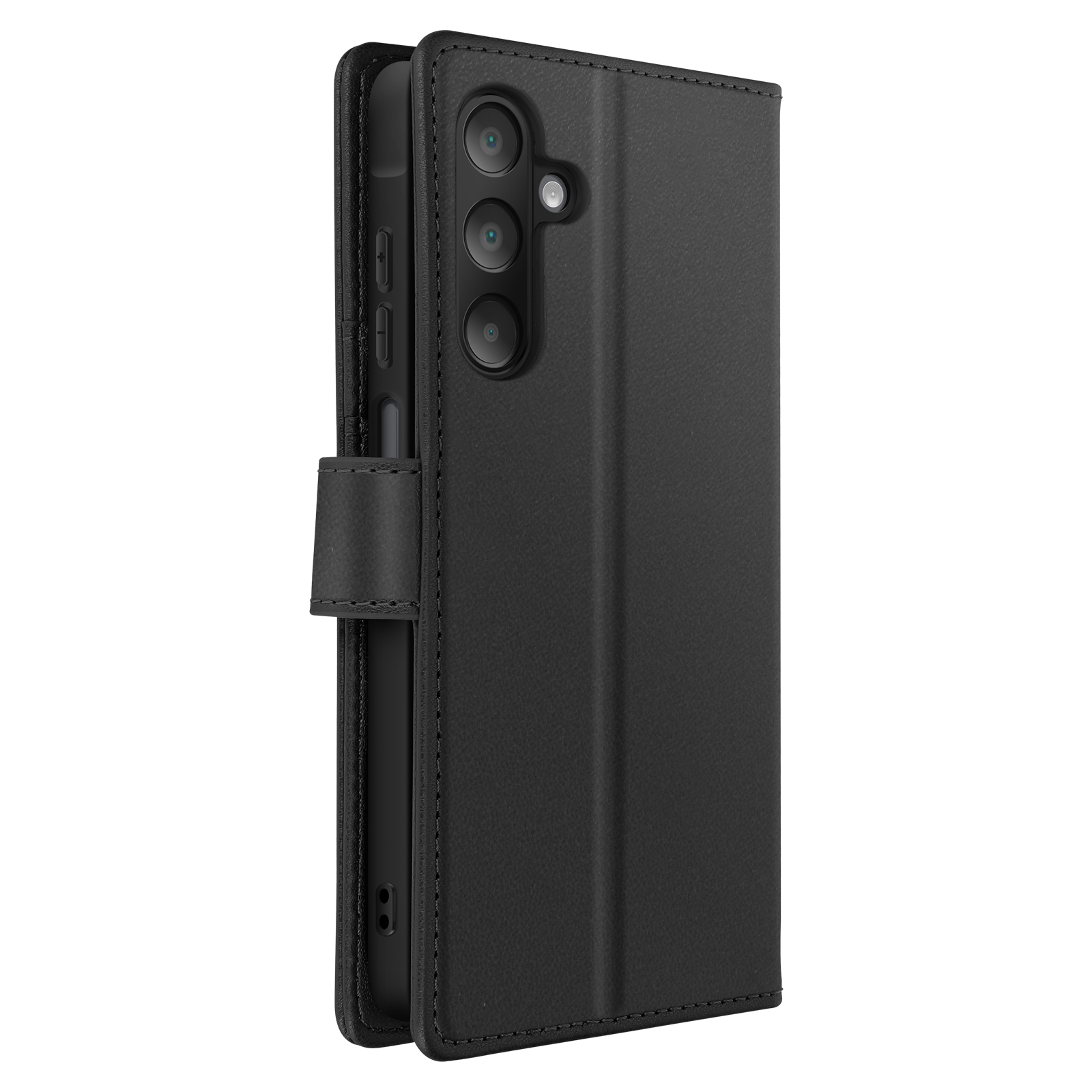 Een gesloten, zwarte leren telefoonhoes. De telefoon zit erin. Drie cameralenzen zichtbaar.