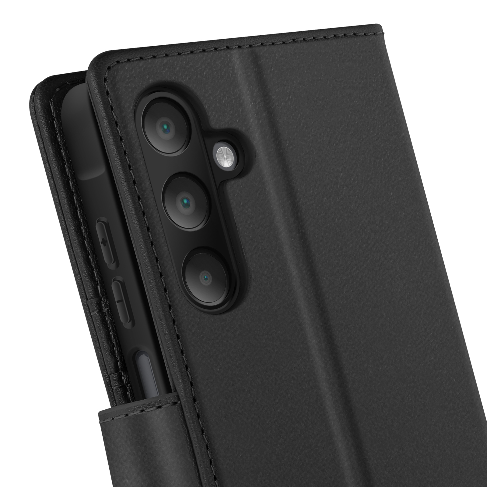 Zwarte telefoonhoes met meerdere cameralenzen en een flap.