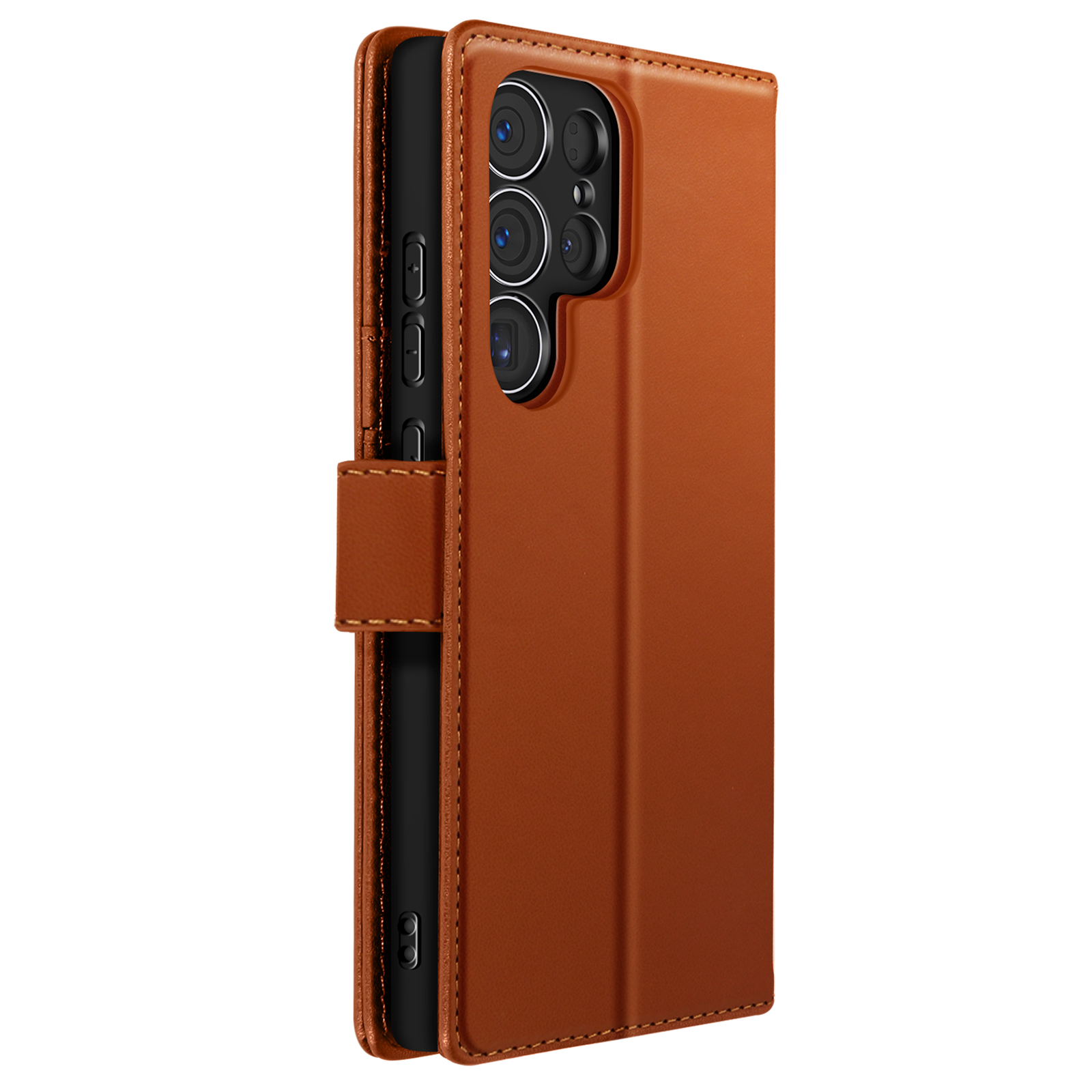 Una custodia per telefono in pelle marrone chiusa. Il telefono è all'interno. Cinque obiettivi della fotocamera visibili.