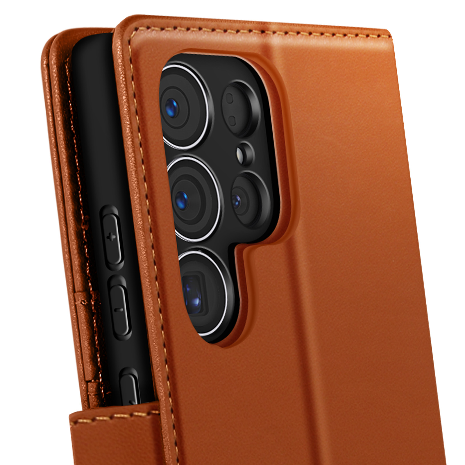 Custodia marrone per telefono con telefono. Diverse fotocamere visibili. Custodia aperta.