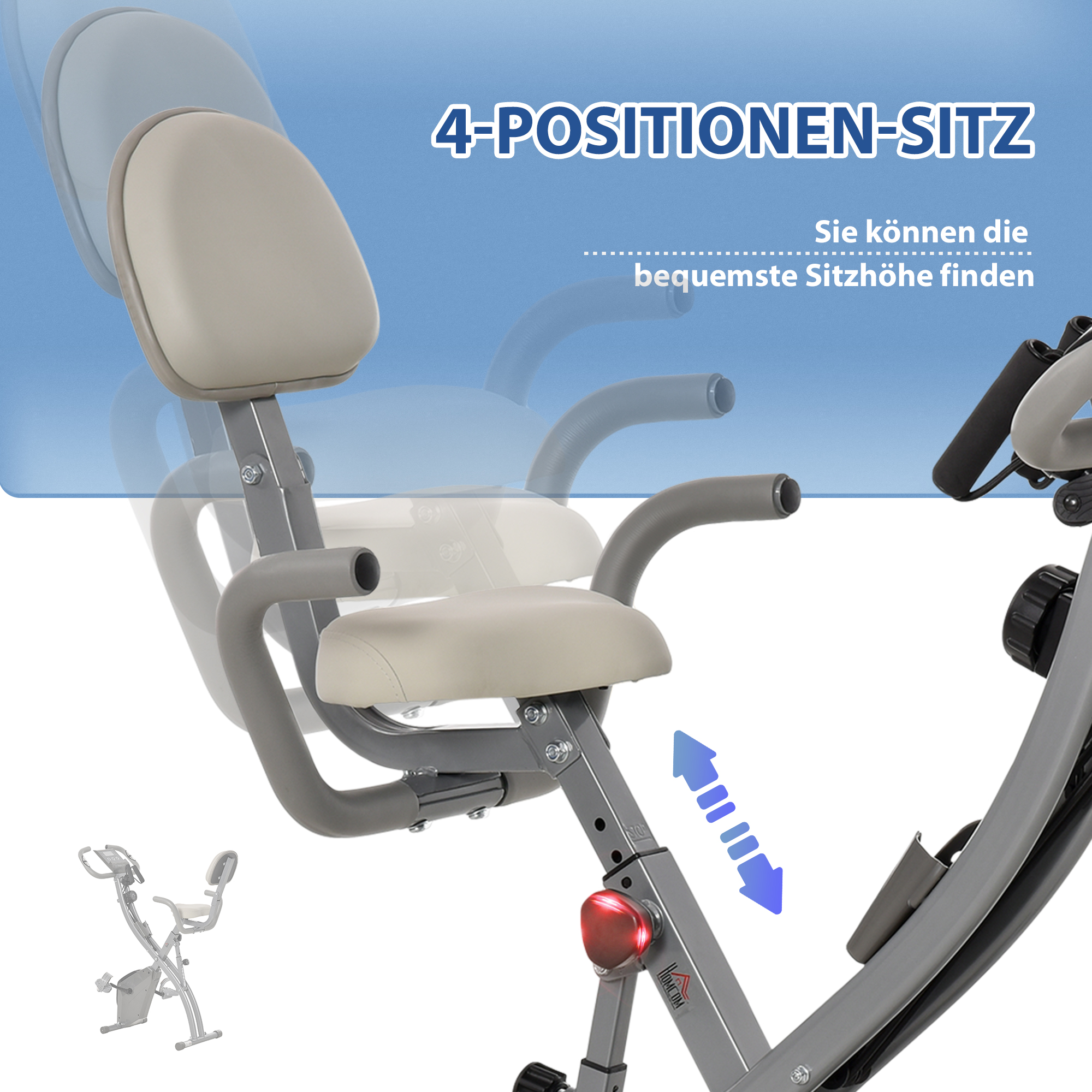 Heimtrainer mit verstellbarem Sitz und blauen Pfeilindikatoren, weißer Hintergrund.