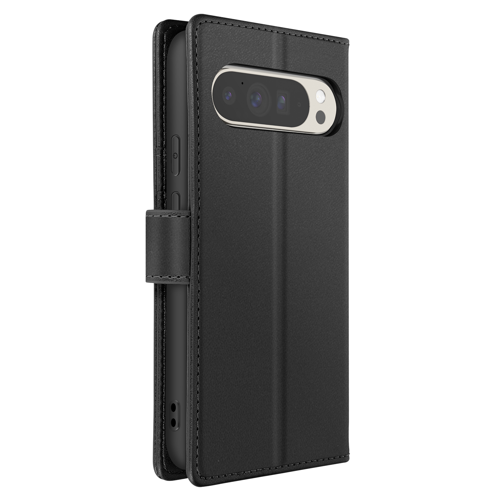 Custodia nera per telefono. Telefono con due fotocamere visibili. Custodia chiusa con patta.