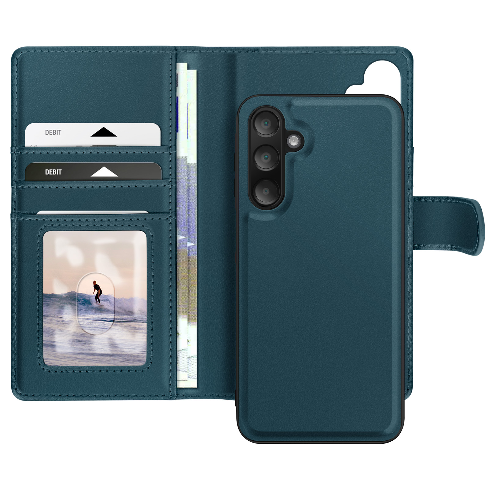 Custodia a portafoglio per telefono verde acqua aperta, con telefono, carte e denaro all'interno. Sfondo bianco.