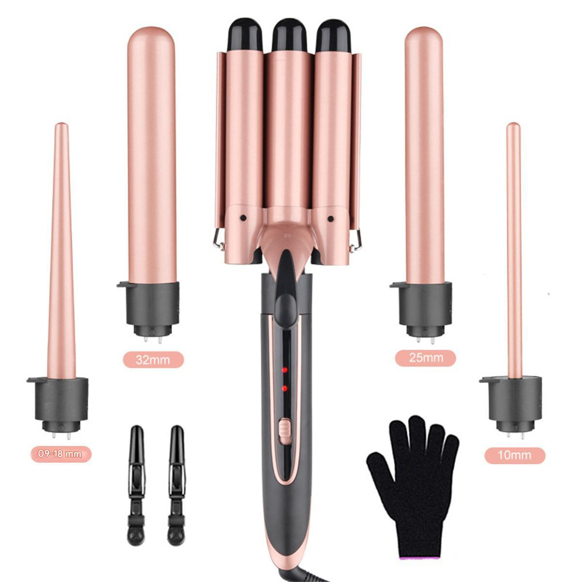 Haarstyler-Set. Enthält verschiedene Lockenstäbe, einen Dreifachlauf und einen hitzebeständigen Handschuh. Roségold und Schwarz.
