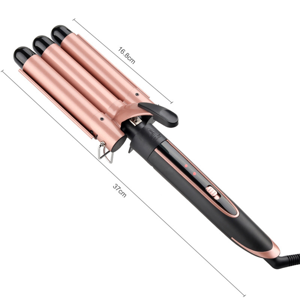 Dreifach-Haarstyler. Roségoldenes und schwarzes Design mit Ein-/Aus-Taste und Kontrollleuchten. Zeigt Messungen an.