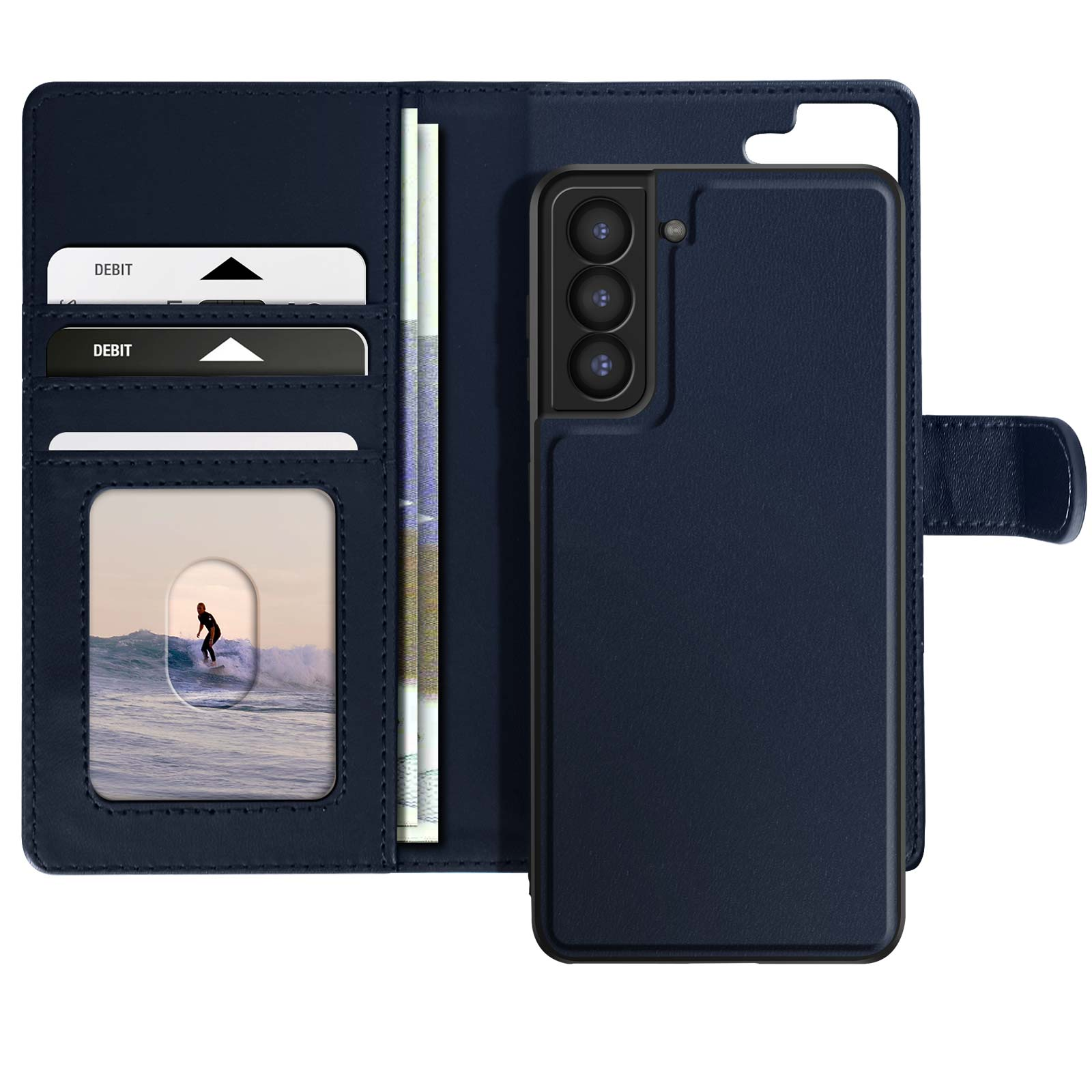 Custodia per telefono blu scuro con design a portafoglio. Ha fessure per carte, contanti e un telefono.