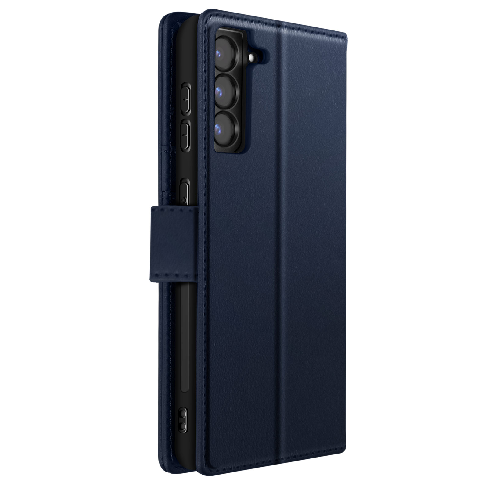 Custodia per telefono blu scuro, che mostra il telefono dalla parte anteriore e laterale. Ha una chiusura magnetica.