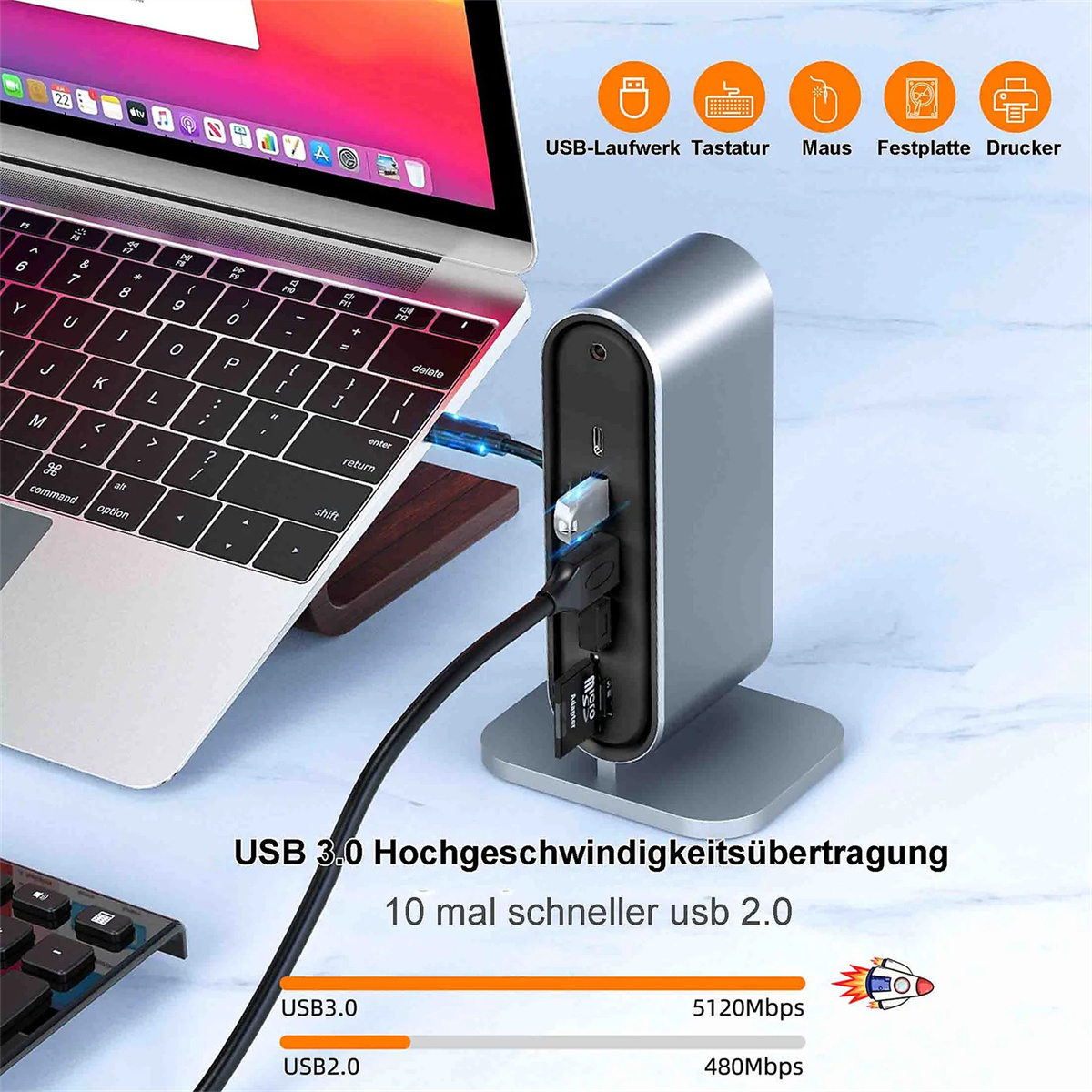 Silberner Hub mit Laptop verbunden. USB 3.0- und USB 2.0-Vergleichstabelle unten angezeigt.