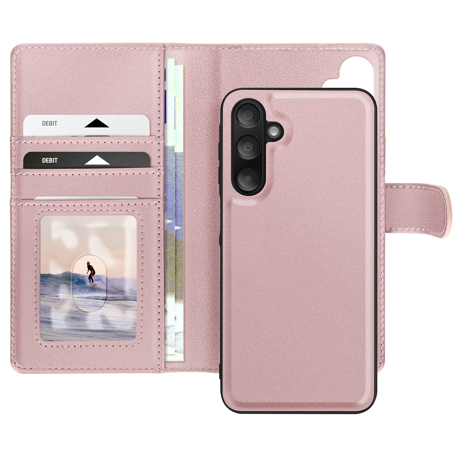 Custodia rosa per telefono con sezione portafoglio. Carte di debito, denaro e foto di surfista visibili.