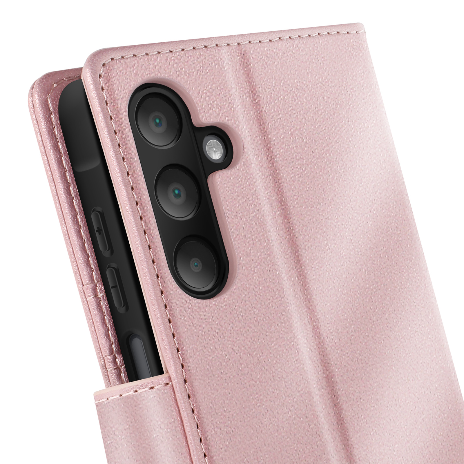 Primo piano di una custodia rosa per telefono con tre lenti della fotocamera e un telefono nero all'interno.
