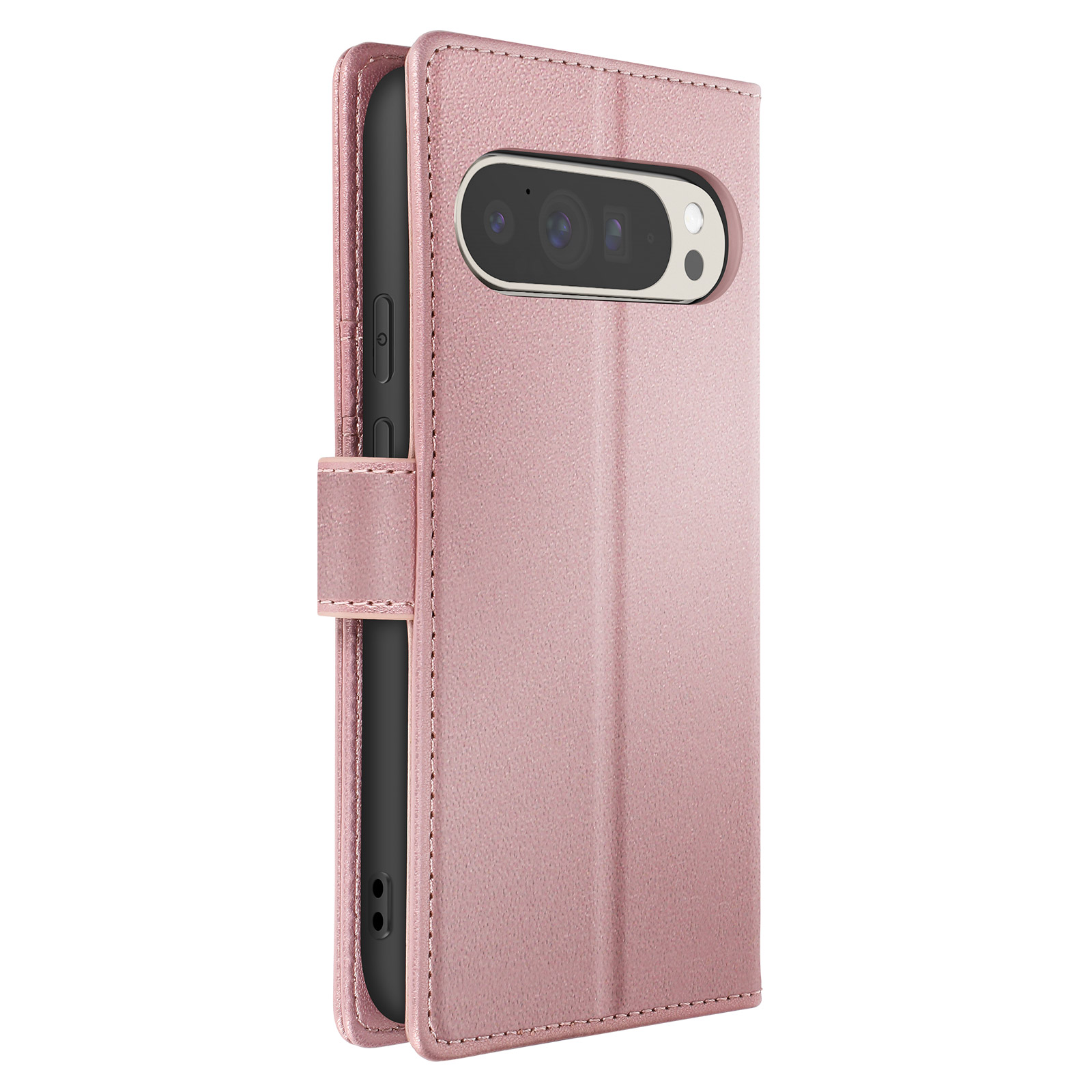 Custodia per telefono rosa, chiusa, che mostra la fotocamera e un fermaglio. Il telefono è dentro.