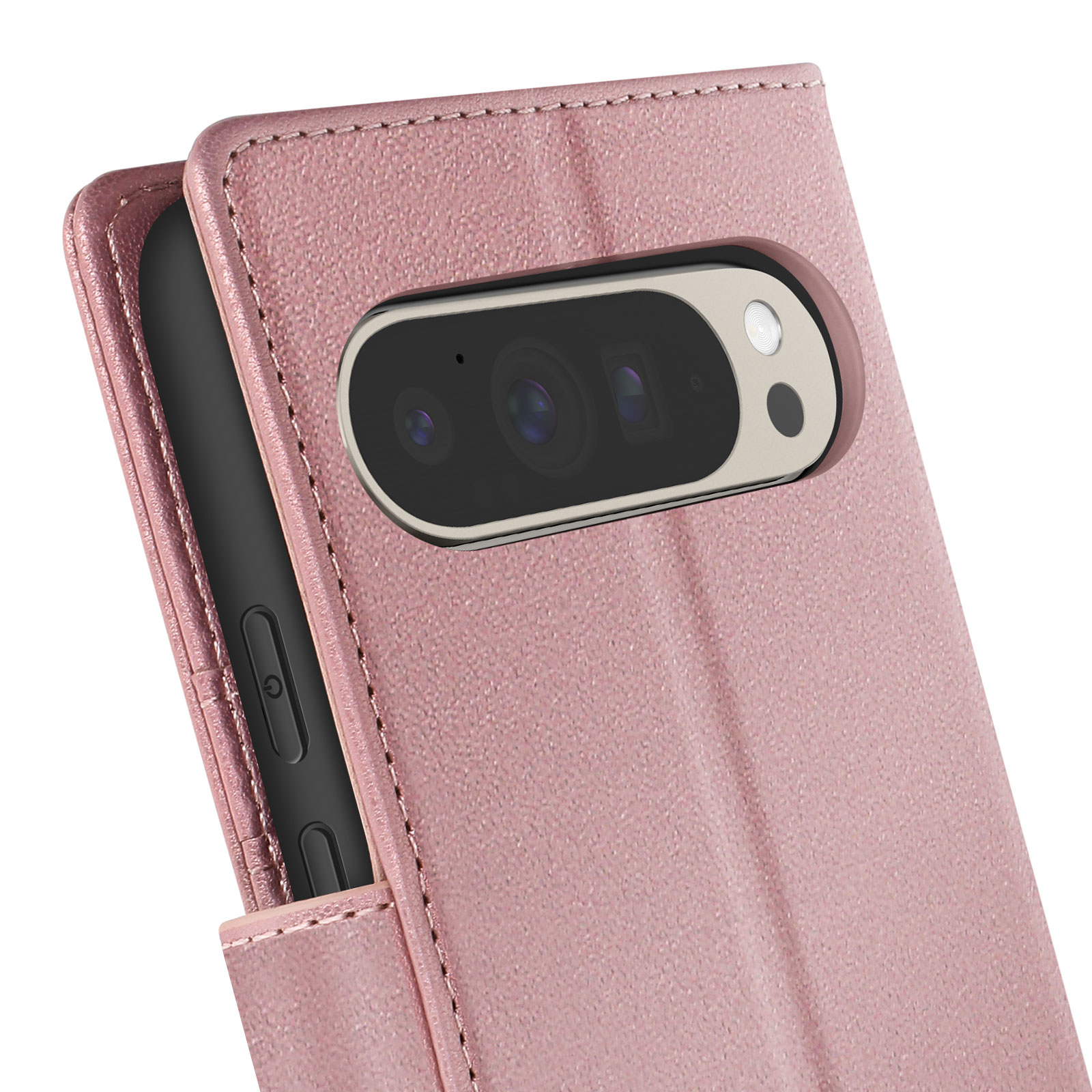 Primo piano di una custodia rosa per telefono con doppia fotocamera e un telefono nero all'interno.
