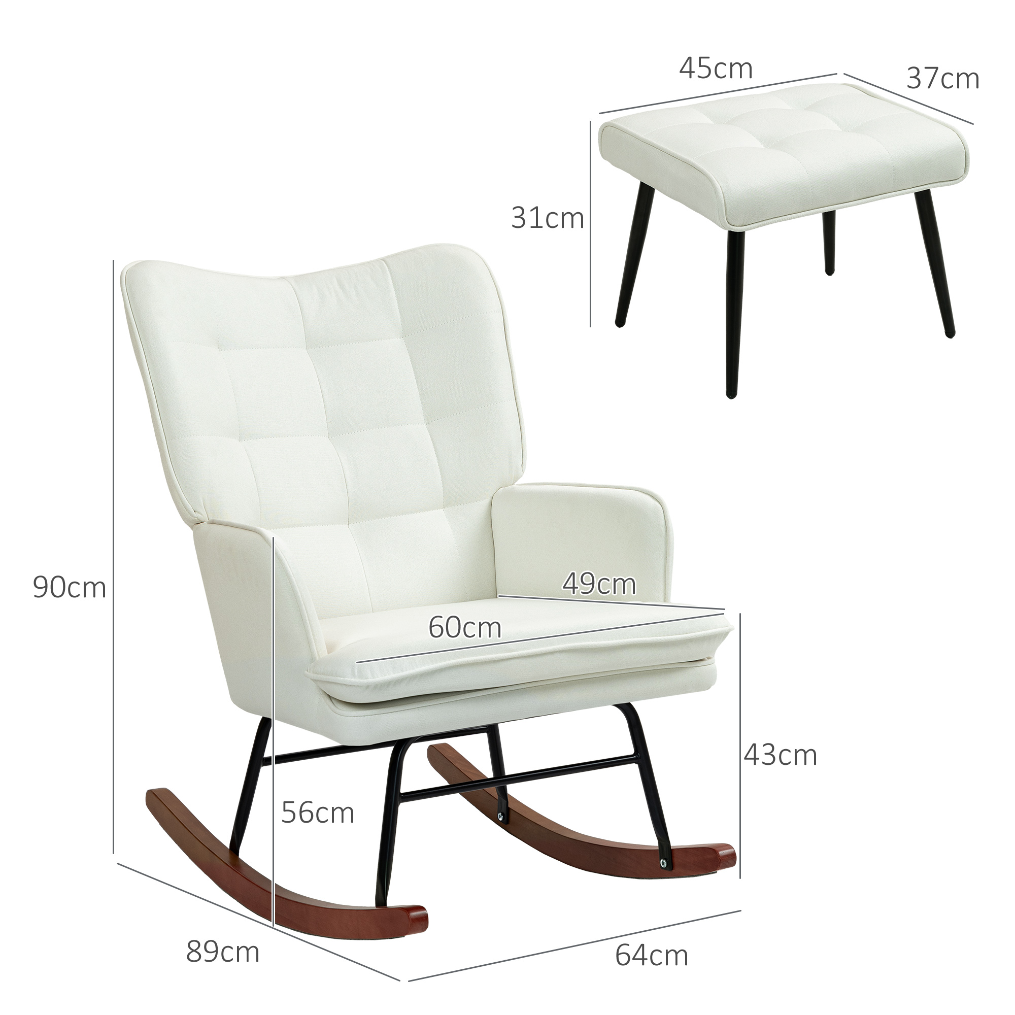Sillón balancín blanco y reposapiés con dimensiones. Silla: 89x64x90cm. Taburete: 45x37x31cm.