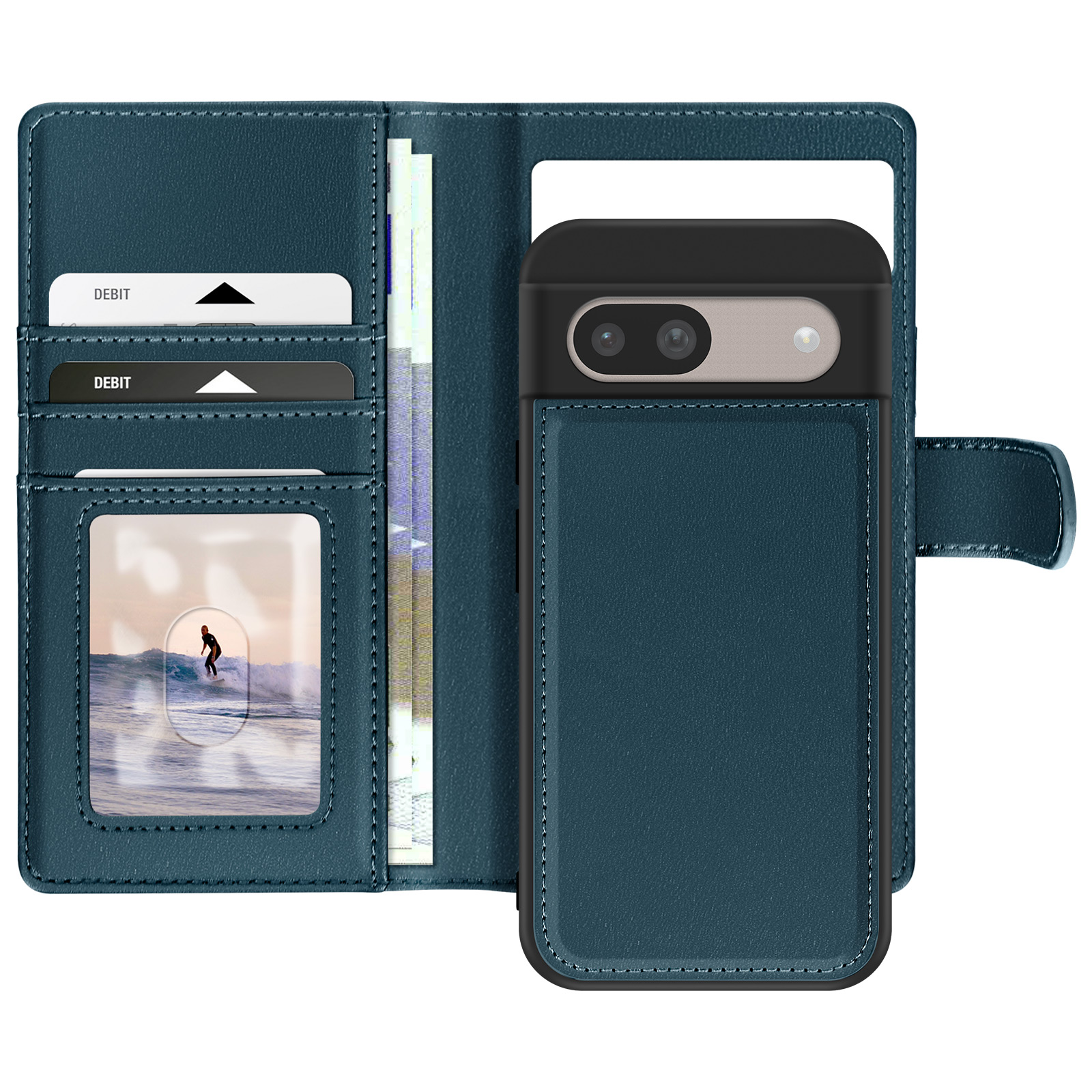 Custodia blu scuro per telefono con sezione portafoglio. Carte di debito, denaro e foto di surfista visibili.