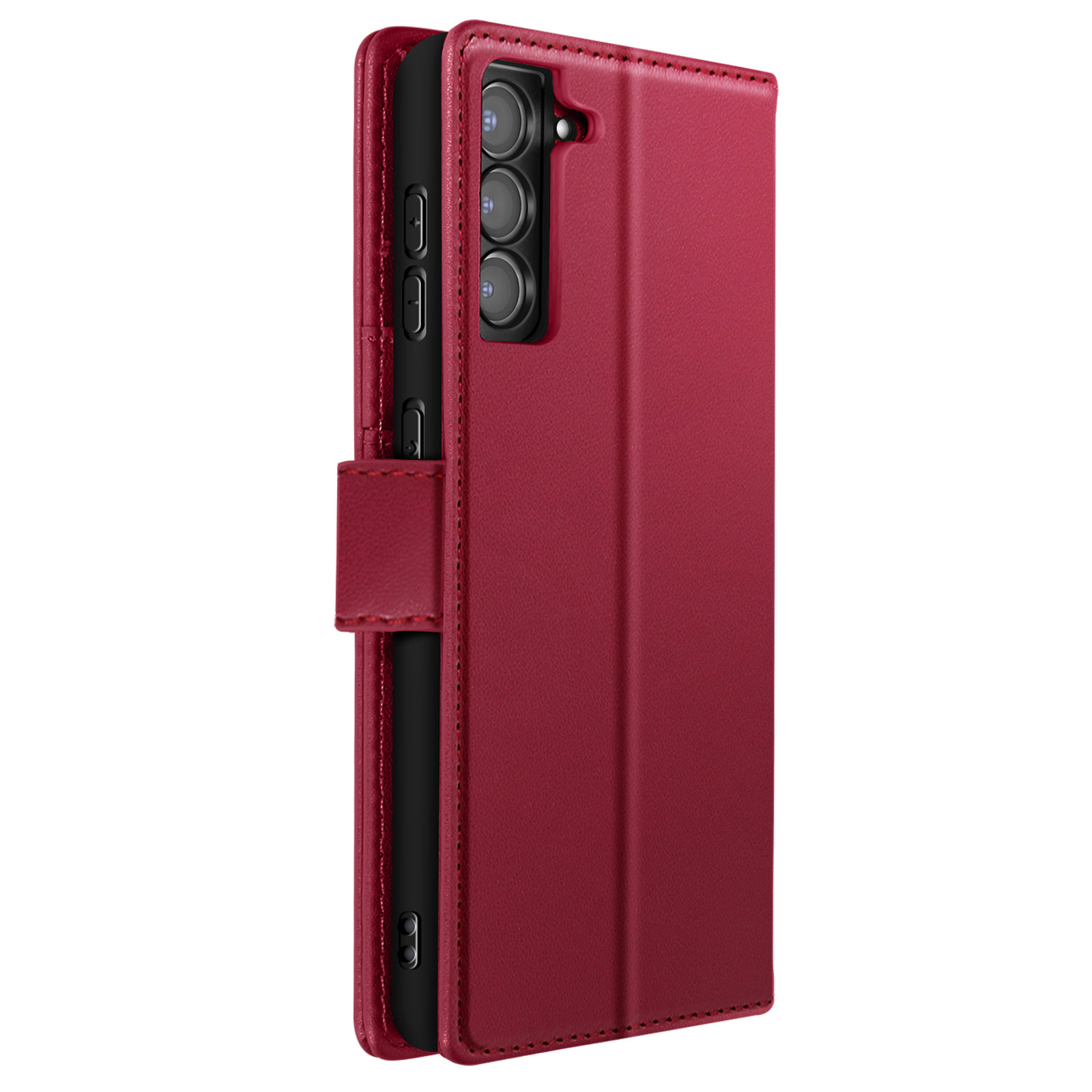 Una custodia per telefono in pelle bordeaux chiusa. Il telefono è all'interno. Tre obiettivi della fotocamera visibili.