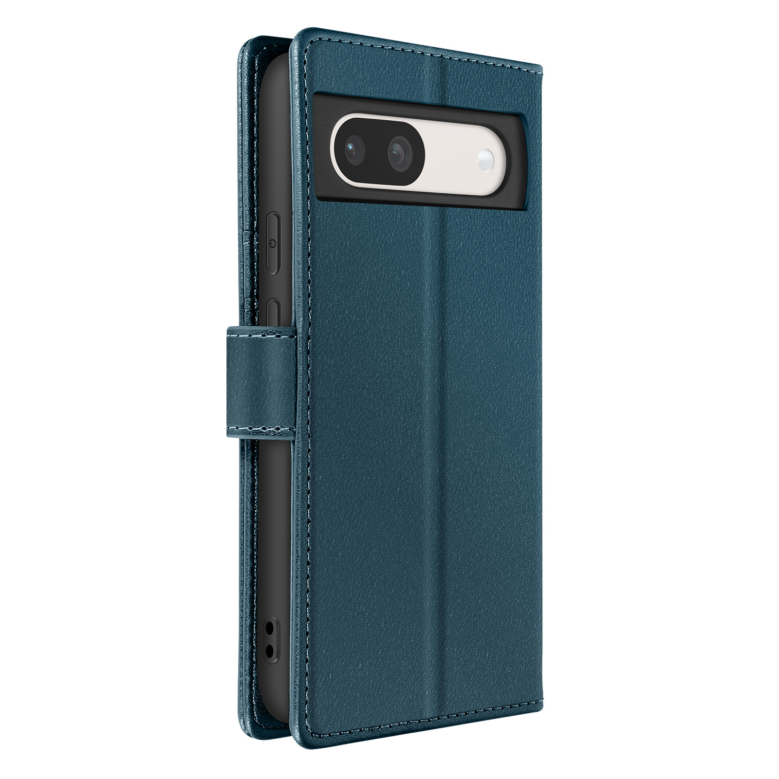 Custodia per telefono color verde acqua, aperta per rivelare un telefono nero. La custodia ha cuciture e chiusura magnetica.