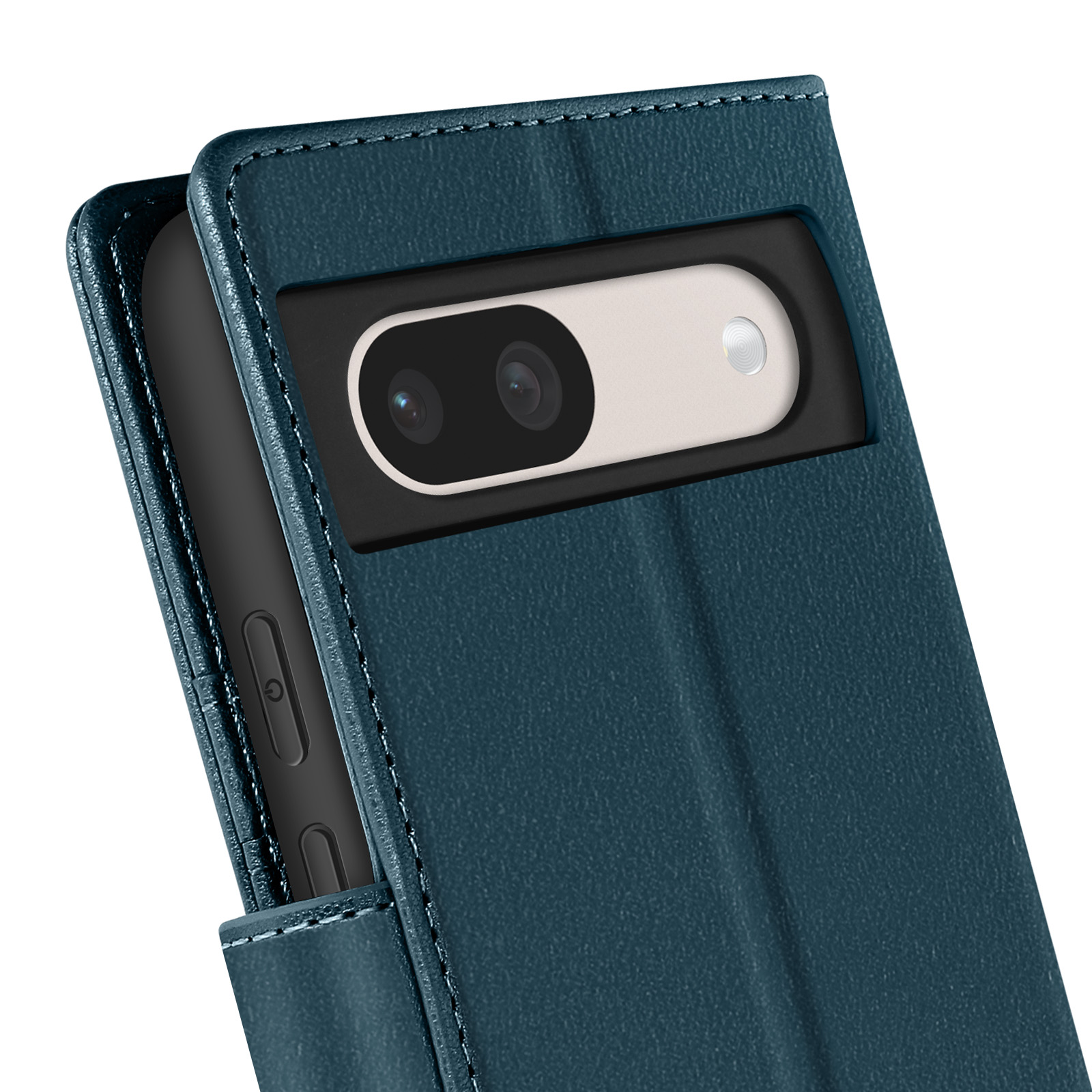 Custodia per telefono verde acqua, aperta per rivelare un telefono nero. Sono visibili gli obiettivi della fotocamera. La custodia ha cuciture.
