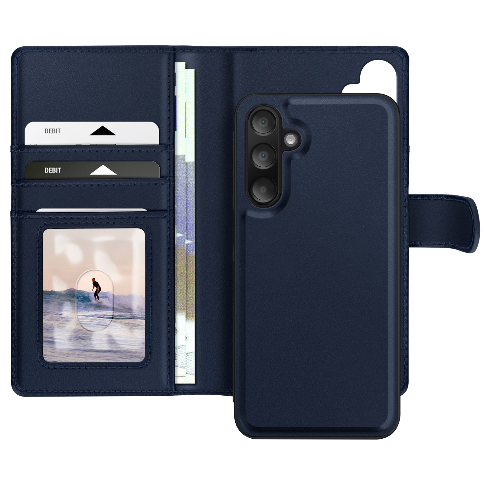Custodia per telefono in pelle blu con carte e denaro dentro, aperta, con foto.