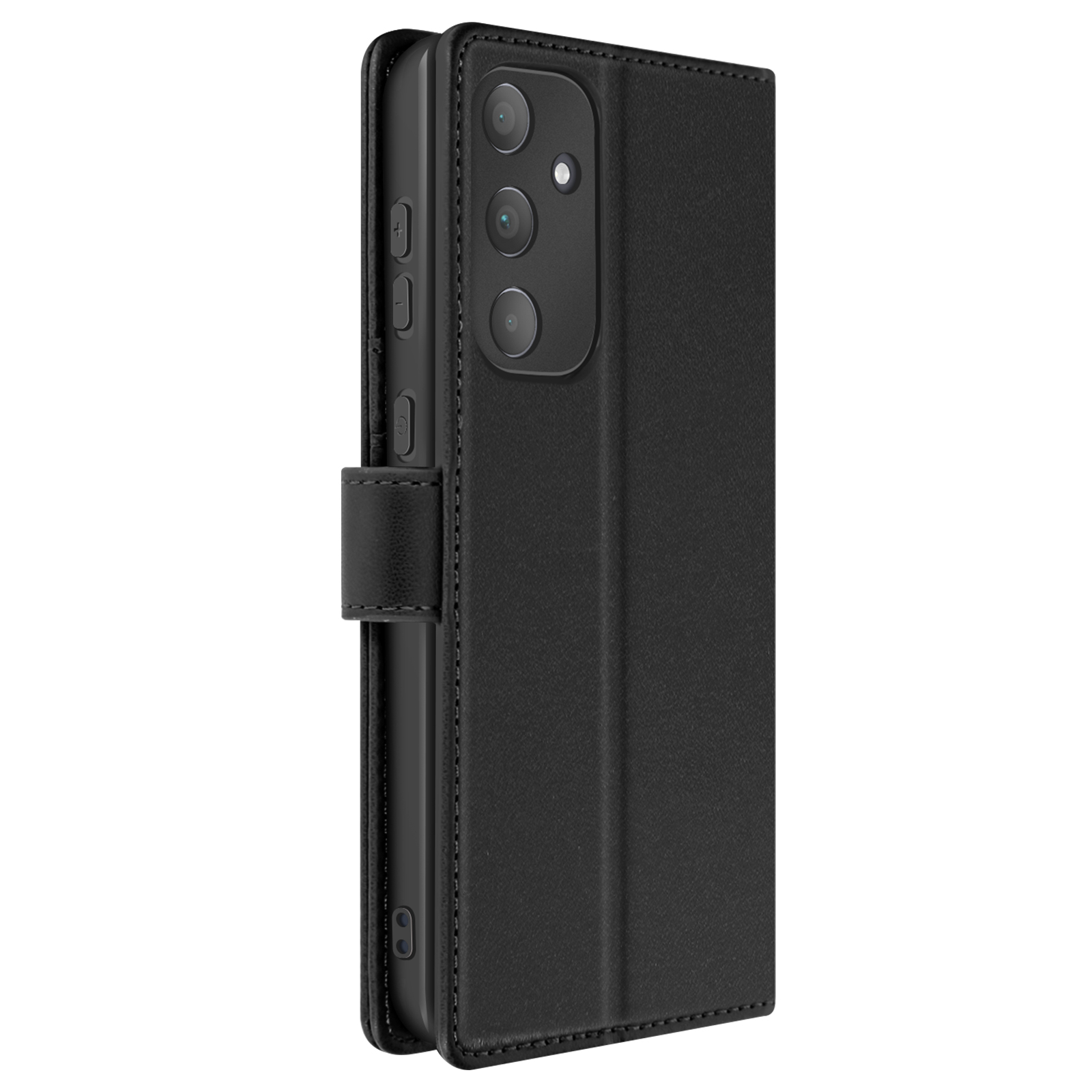 Custodia nera aperta, che mostra un telefono nero. Tre lenti della fotocamera sono visibili.