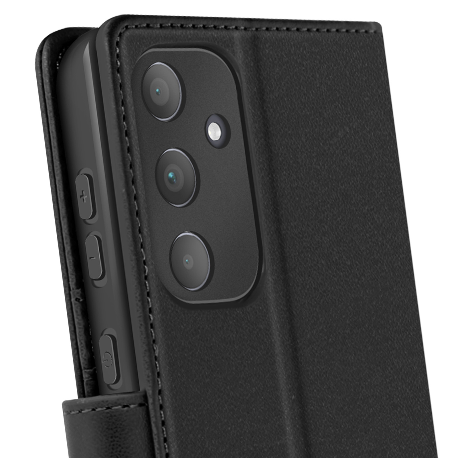 Telefono nero in una custodia nera. Tre lenti della fotocamera visibili.