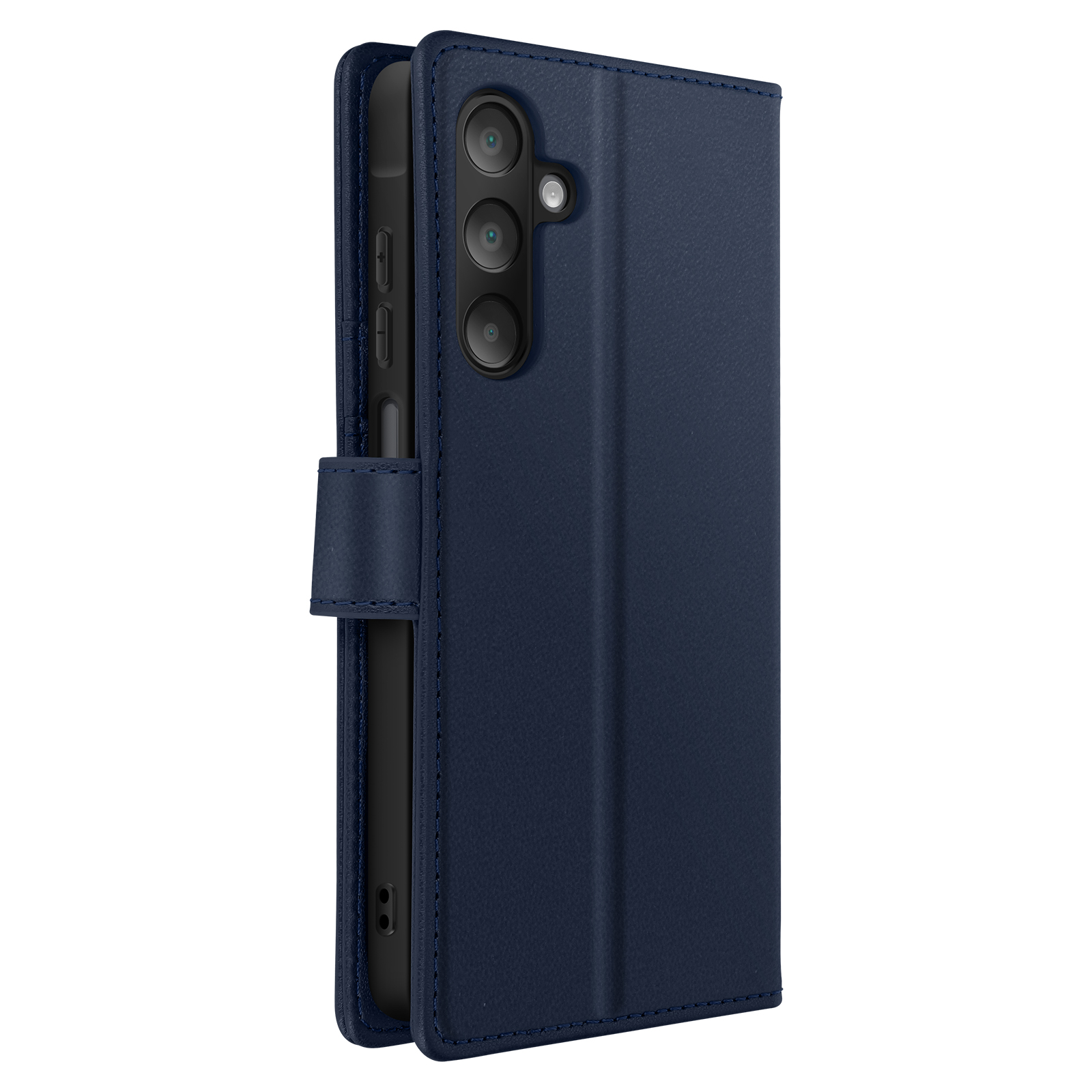 Custodia blu con un telefono nero all'interno. Tre lenti della fotocamera sono visibili.